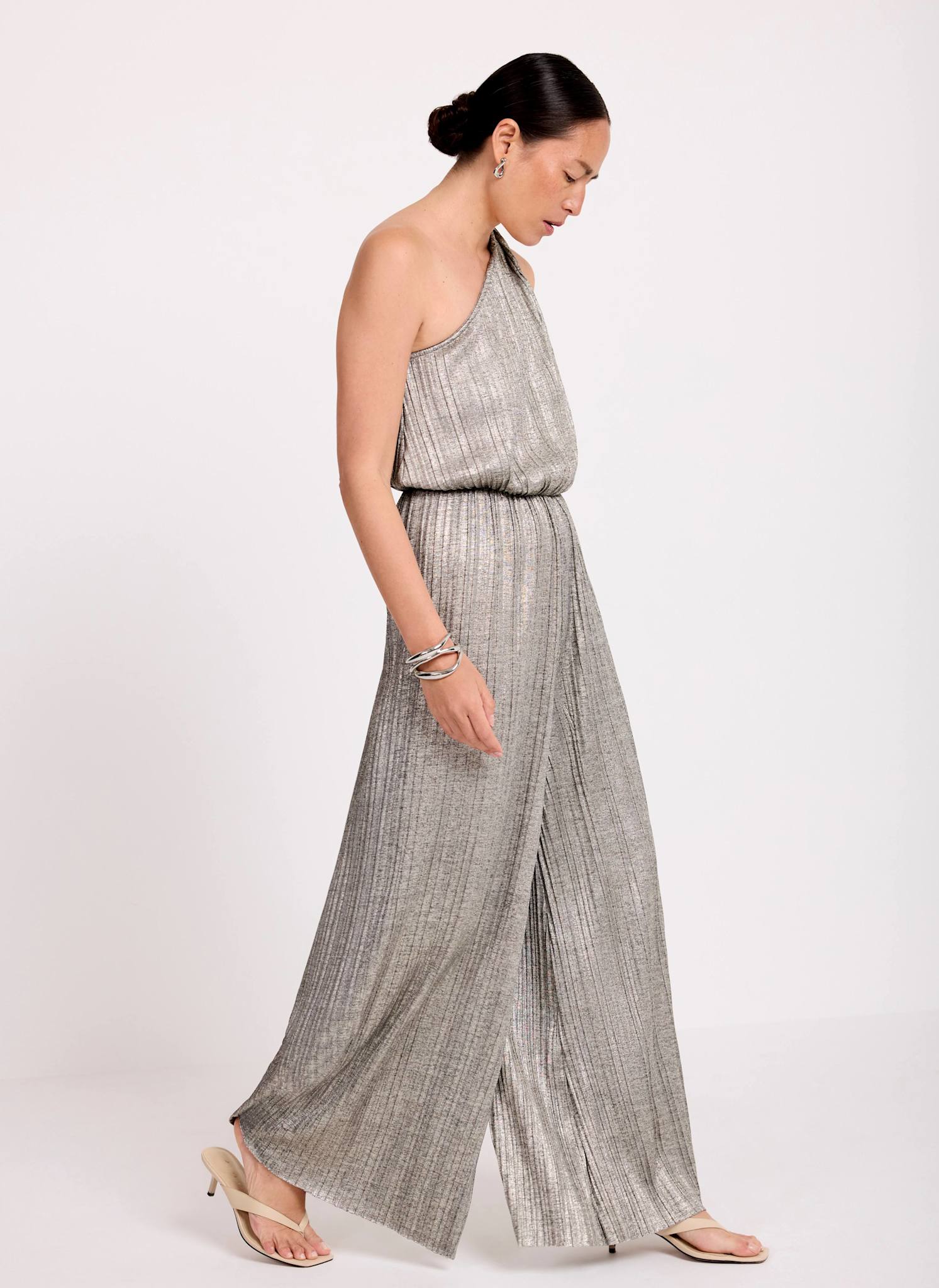 Metallic Plisse One Shoulder Jumpsuit - Image 2