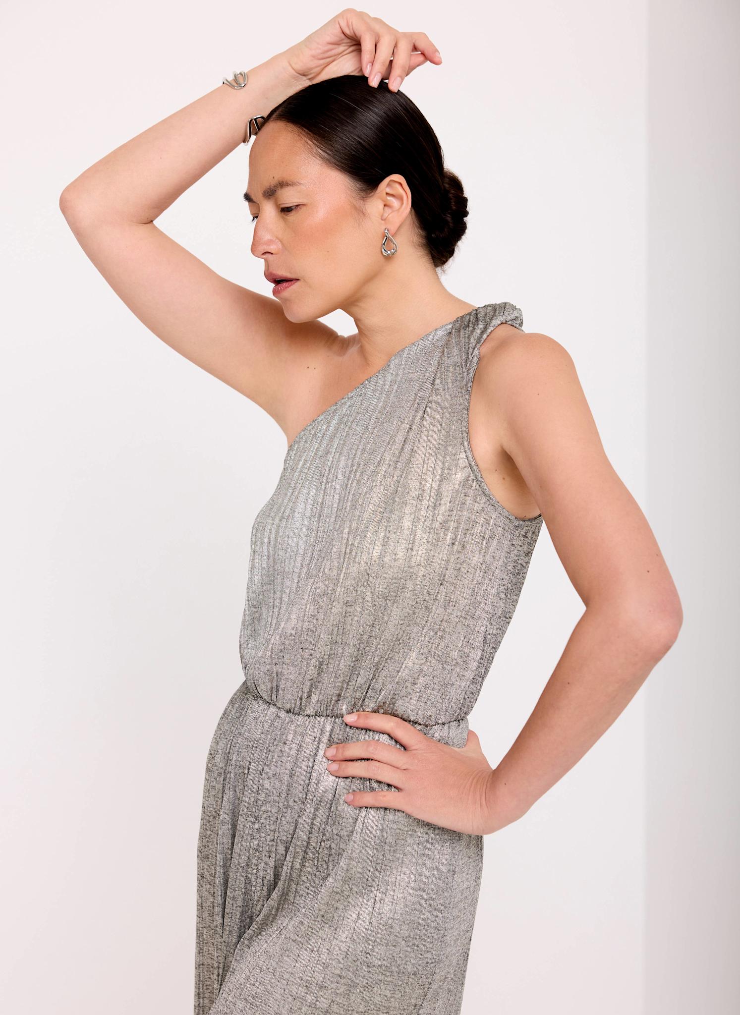 Metallic Plisse One Shoulder Jumpsuit - Image 3