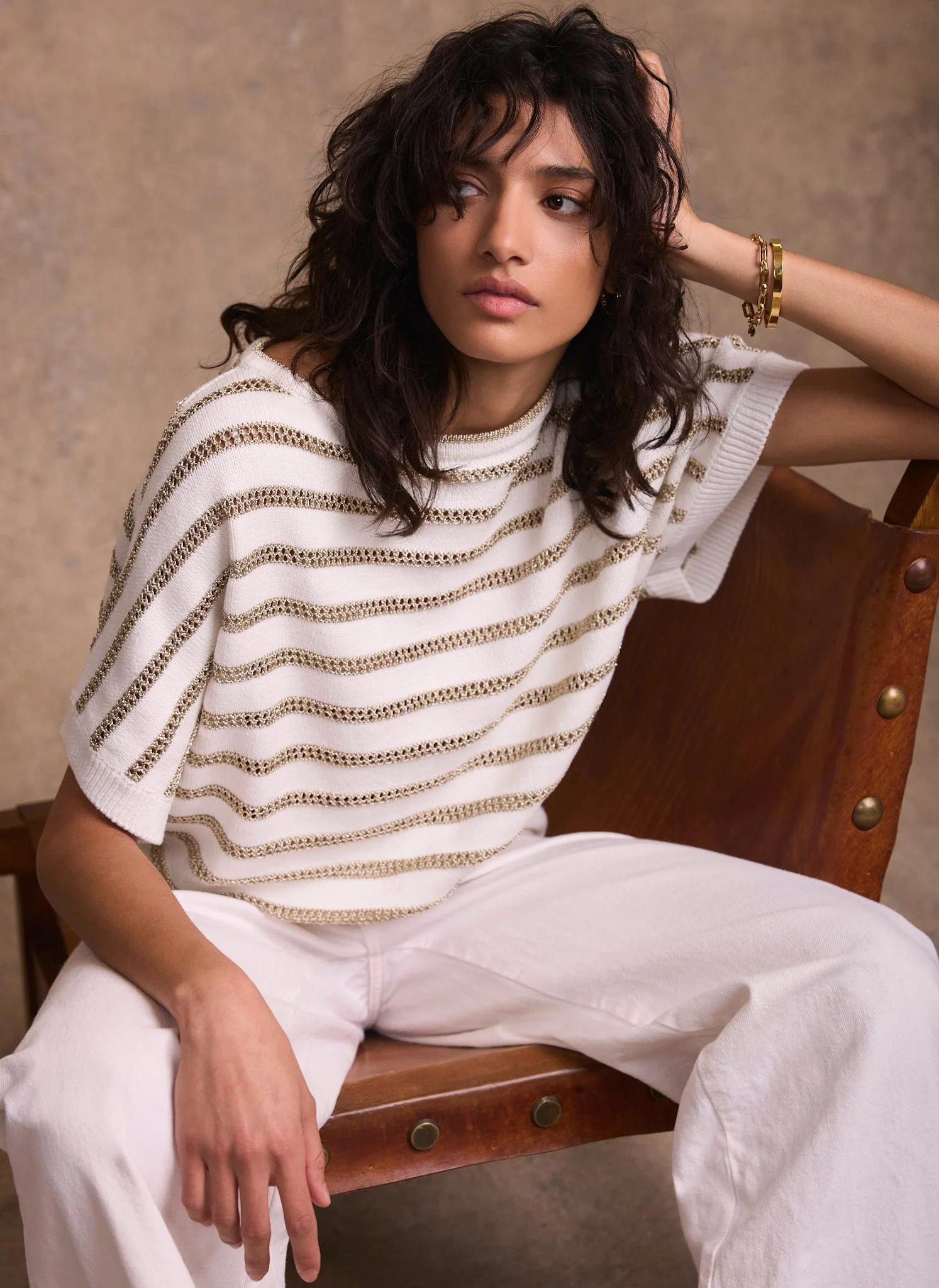 Cream Cotton Blend Metallic Stripe Top - Image 3