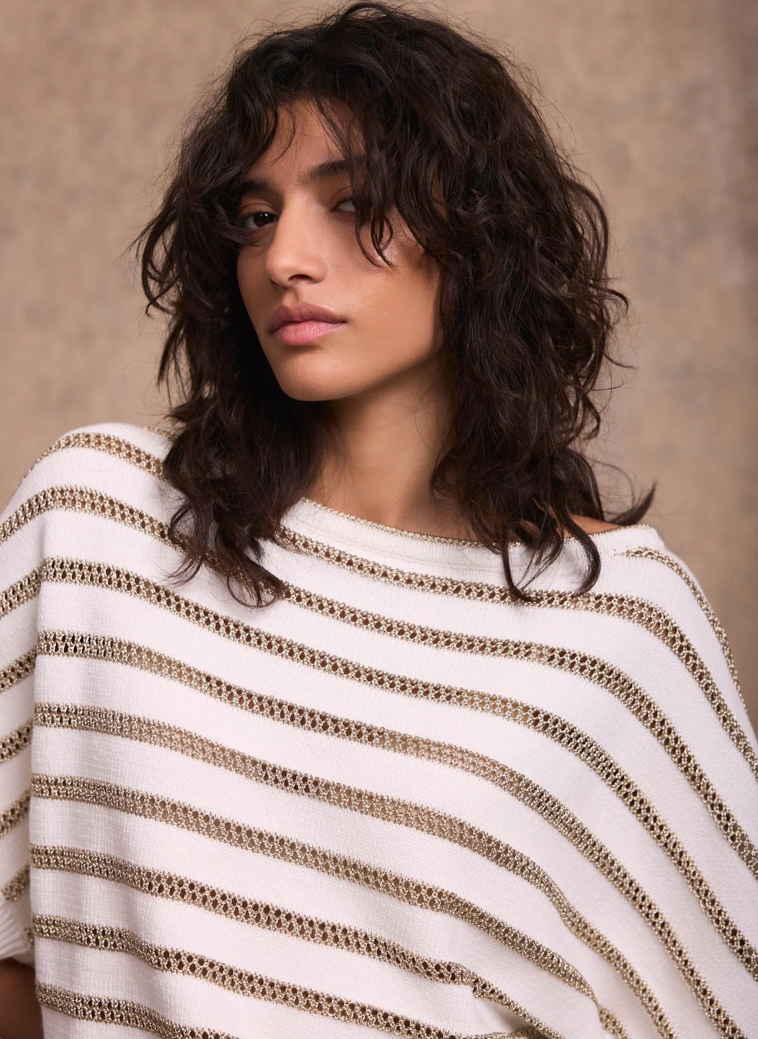 Cream Cotton Blend Metallic Stripe Top - Image 4
