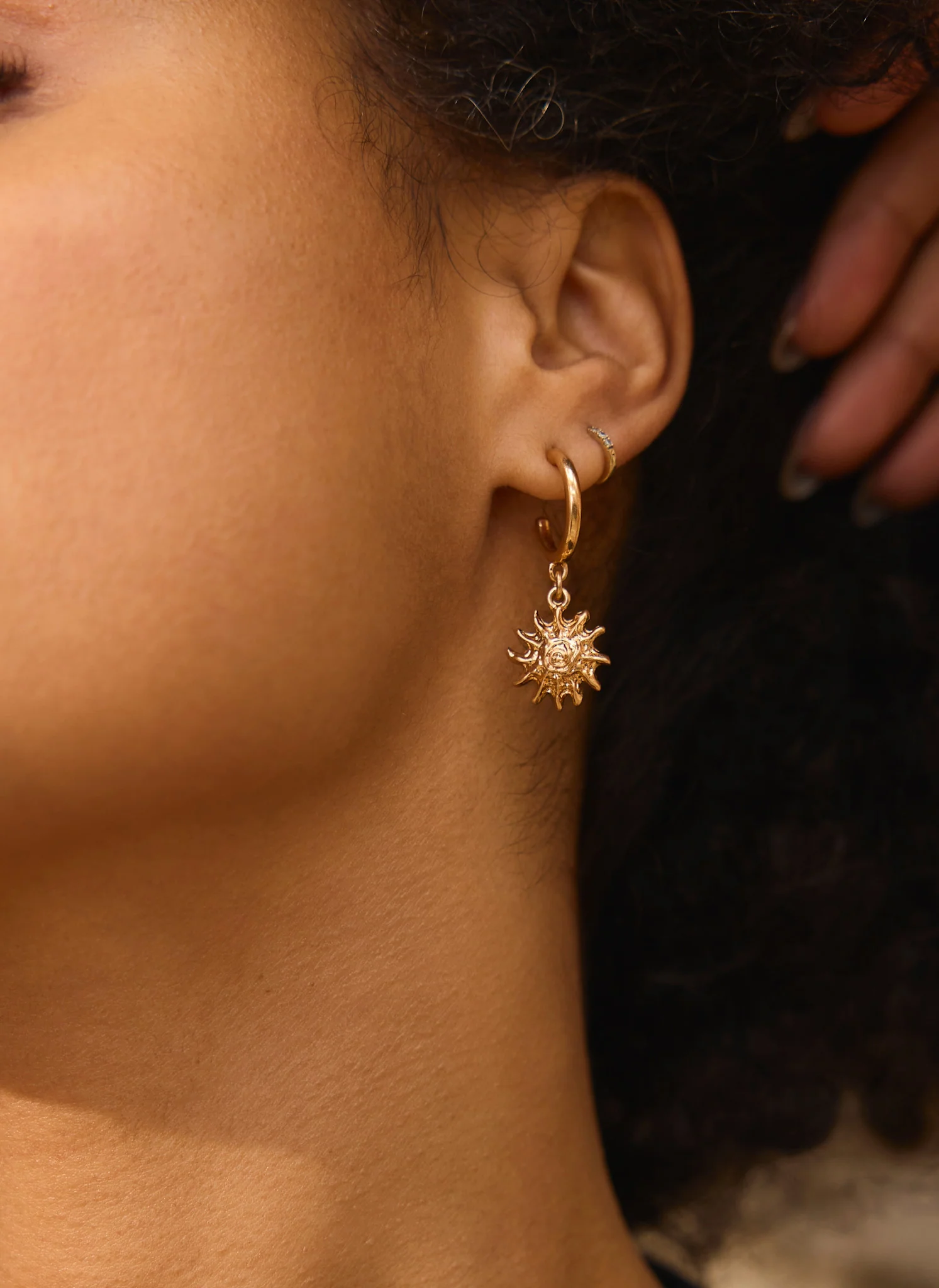 Gold Tone Mini Sun Earrings - Image 2