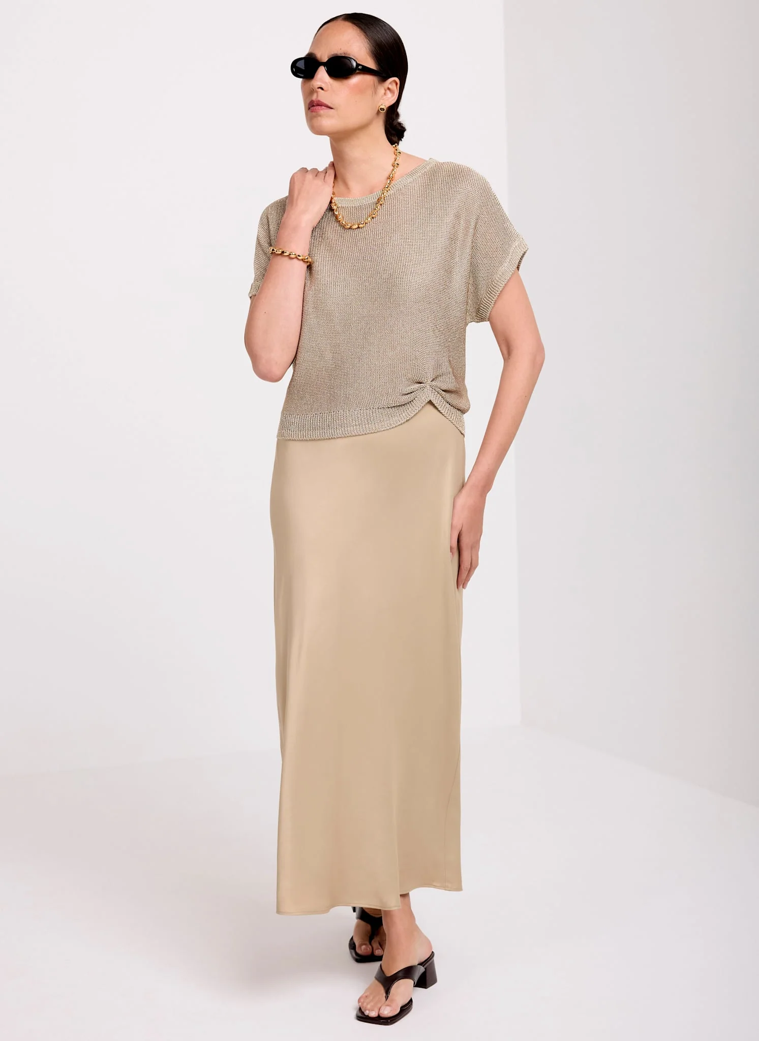 Gold Metallic Woven Mix Midi Dress - Image 2