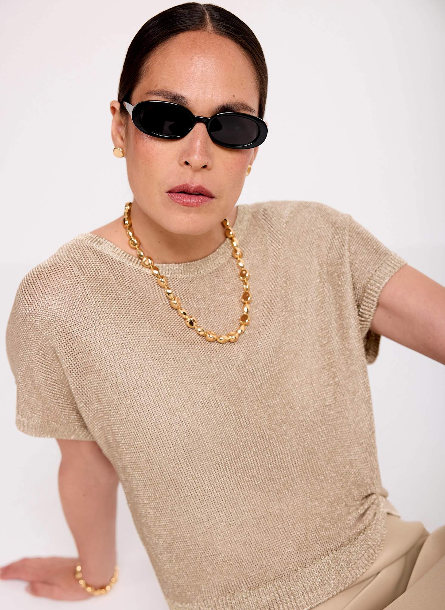 Gold Metallic Woven Mix Midi Dress - Image 3