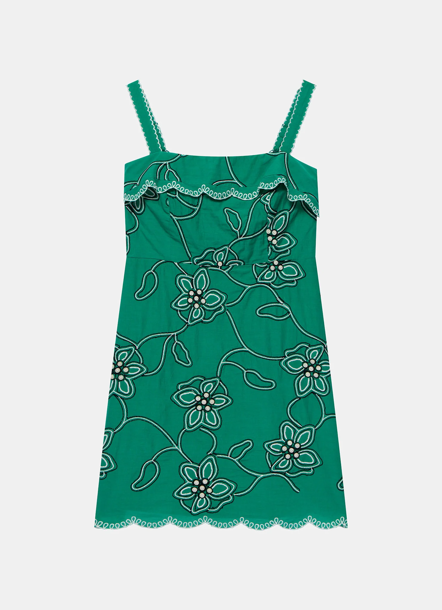 Green Cotton Floral Embroidered Mini Dress - Image 6