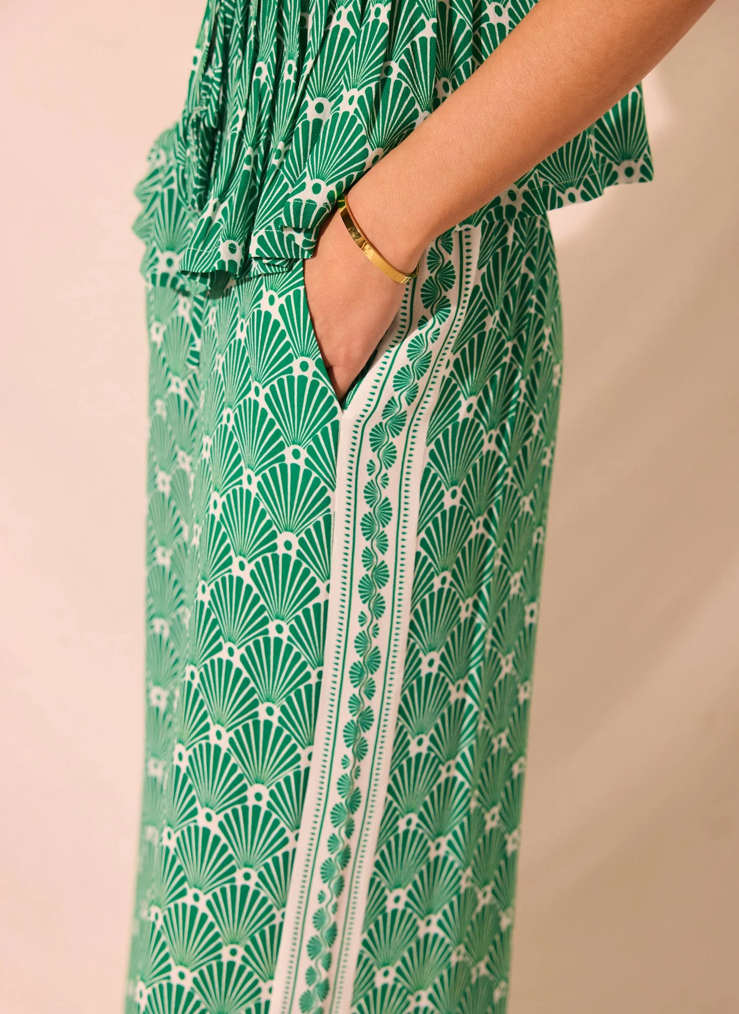 Green Shell Print Wide Leg Trousers - Image 3