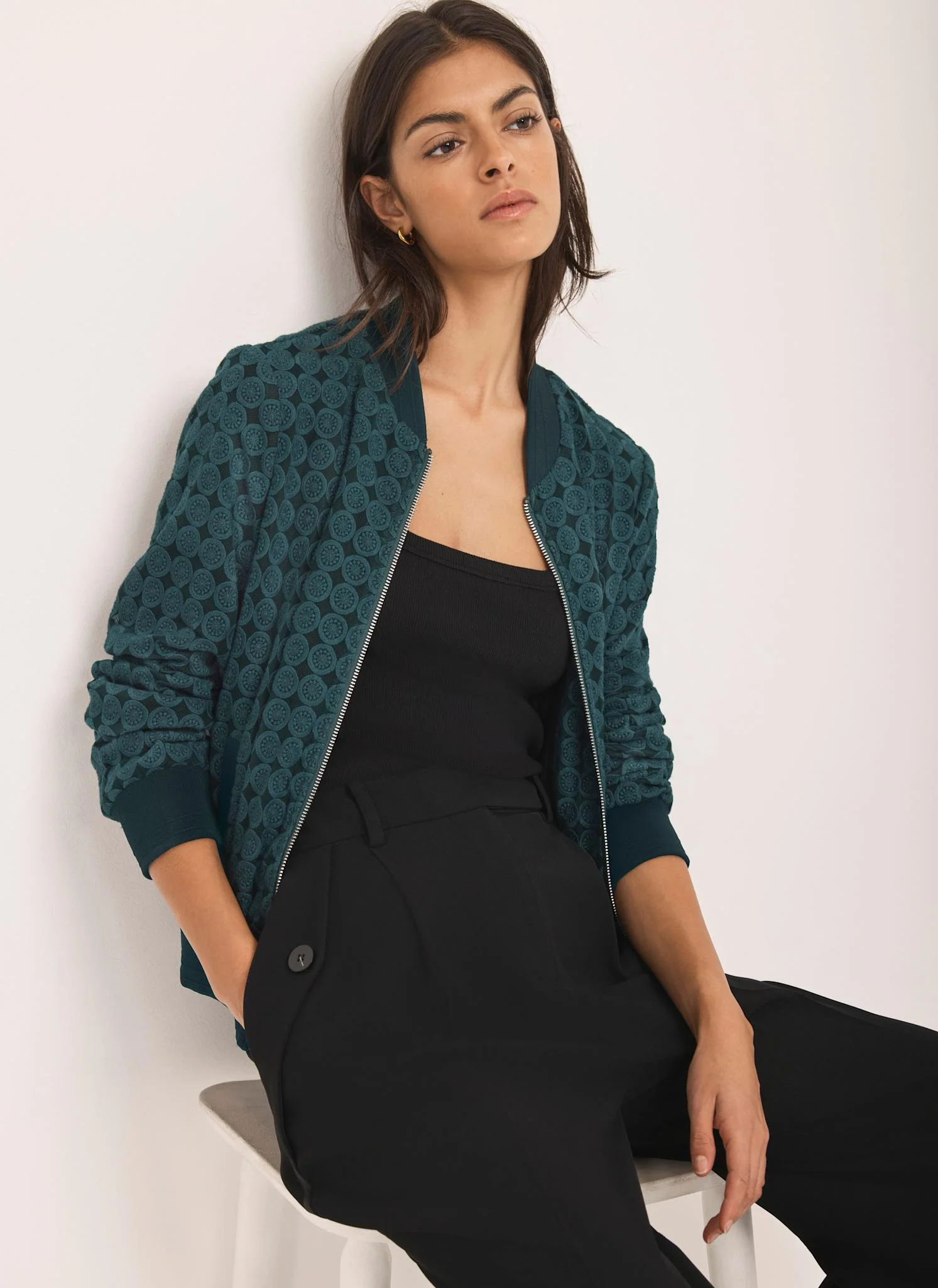 Teal Geometric Lace Bomber Jacket - Image 2