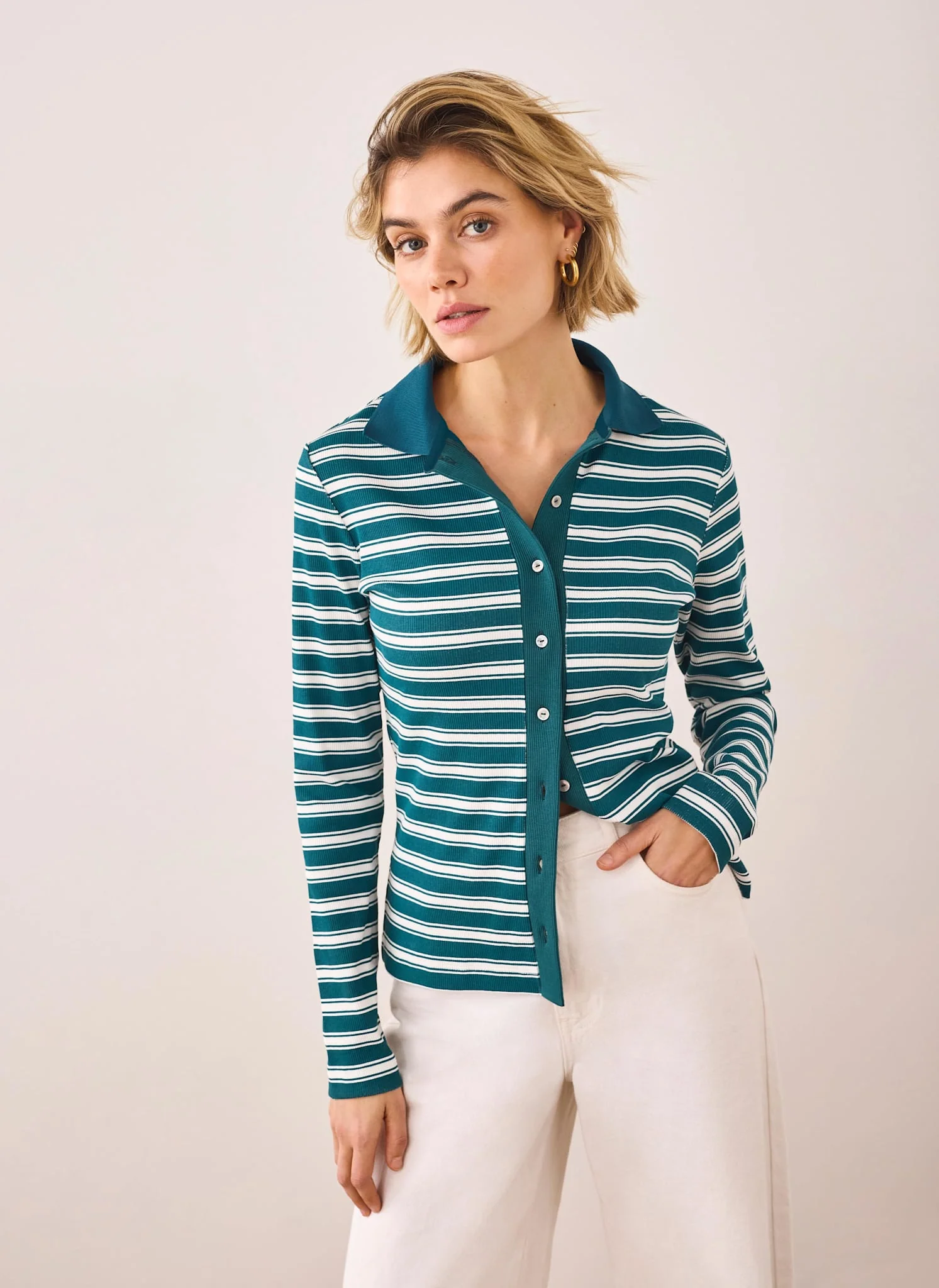 Teal Cotton Blend Striped Polo Shirt - Image 4