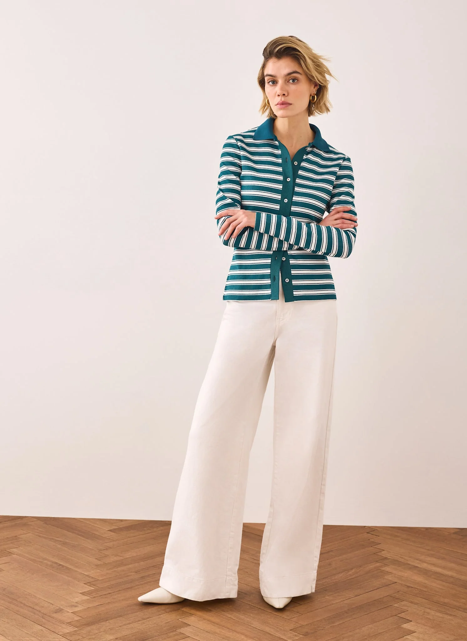 Teal Cotton Blend Striped Polo Shirt - Image 5