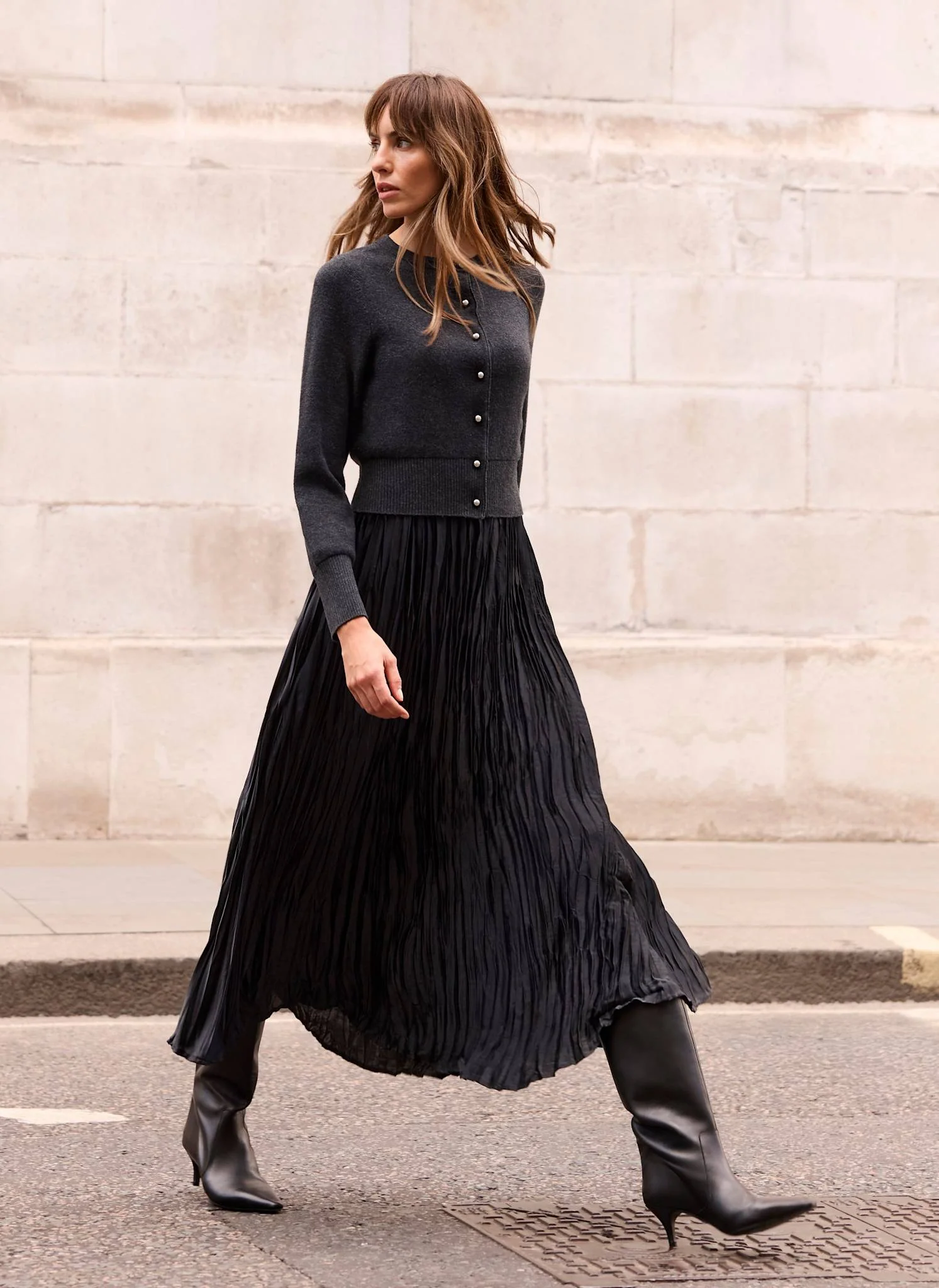 Grey Cardigan Layered Midi Dress
