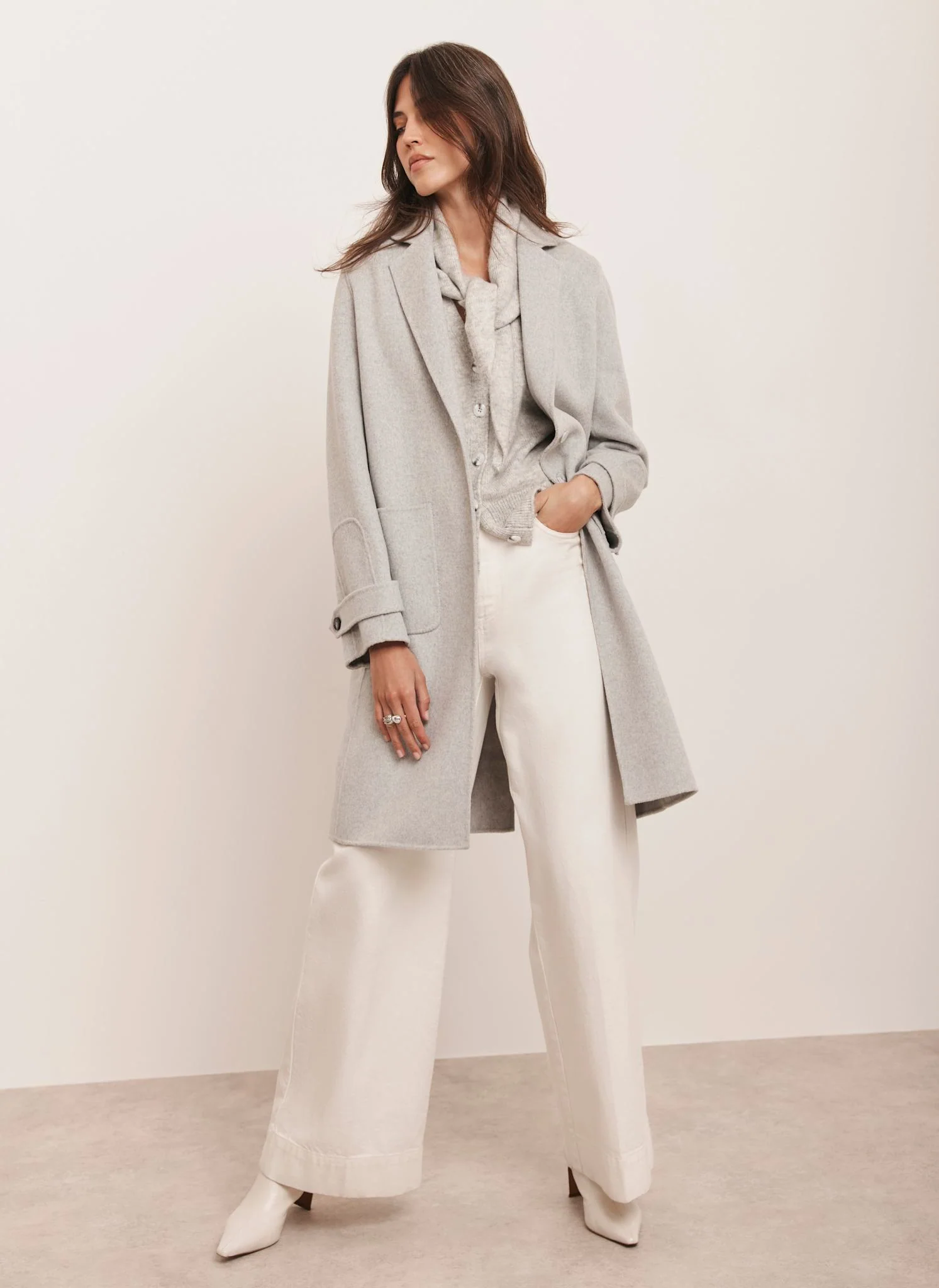 Grey Wool Blend Hand Finished Midi Coat