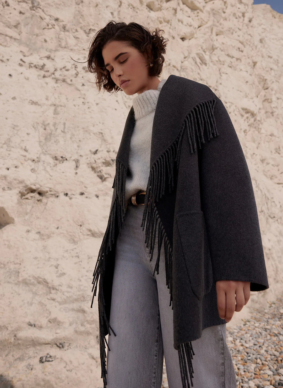 Grey Wool Blend Hand Finished Tassel Coat