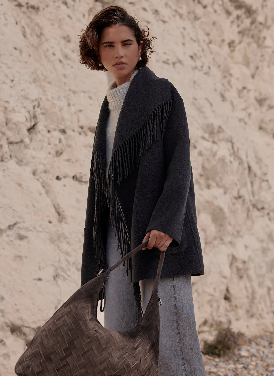 Grey Wool Blend Hand Finished Tassel Coat - Image 4