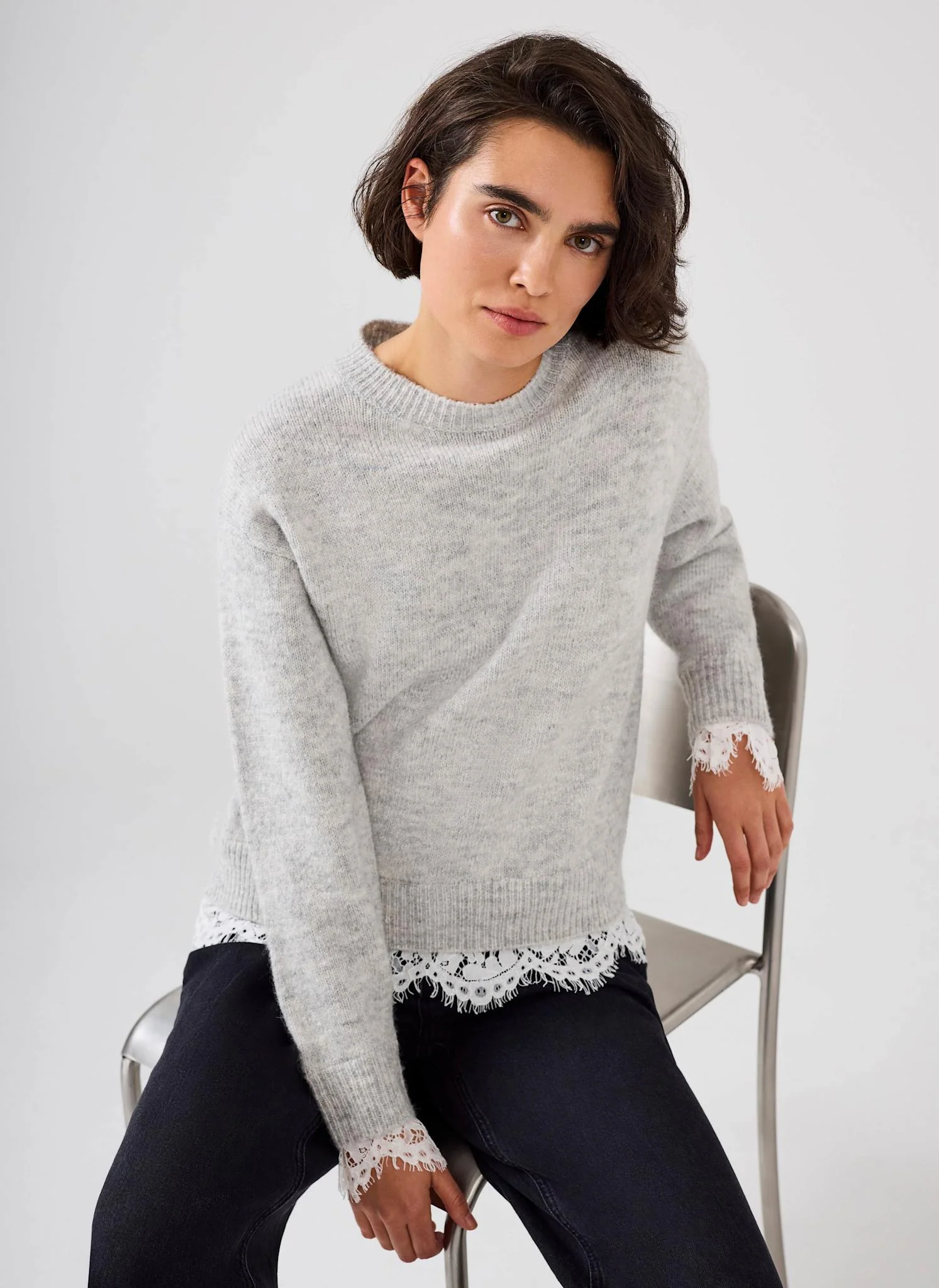 Grey Lace Detail Wool Blend Jumper - Image 3