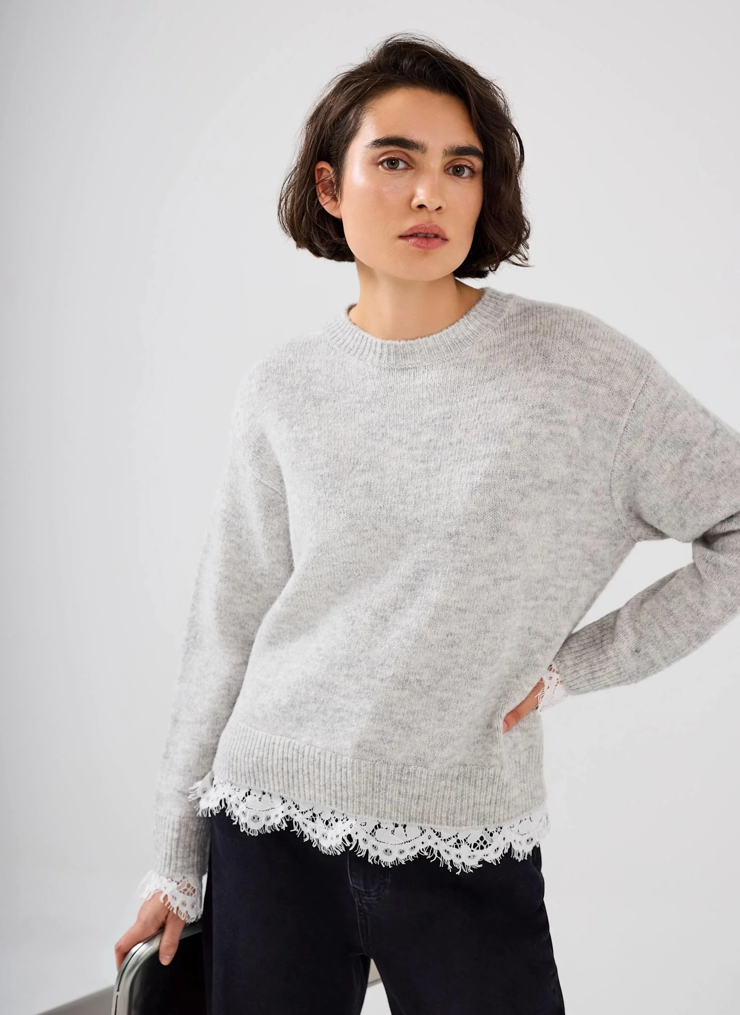 Grey Lace Detail Wool Blend Jumper - Image 6