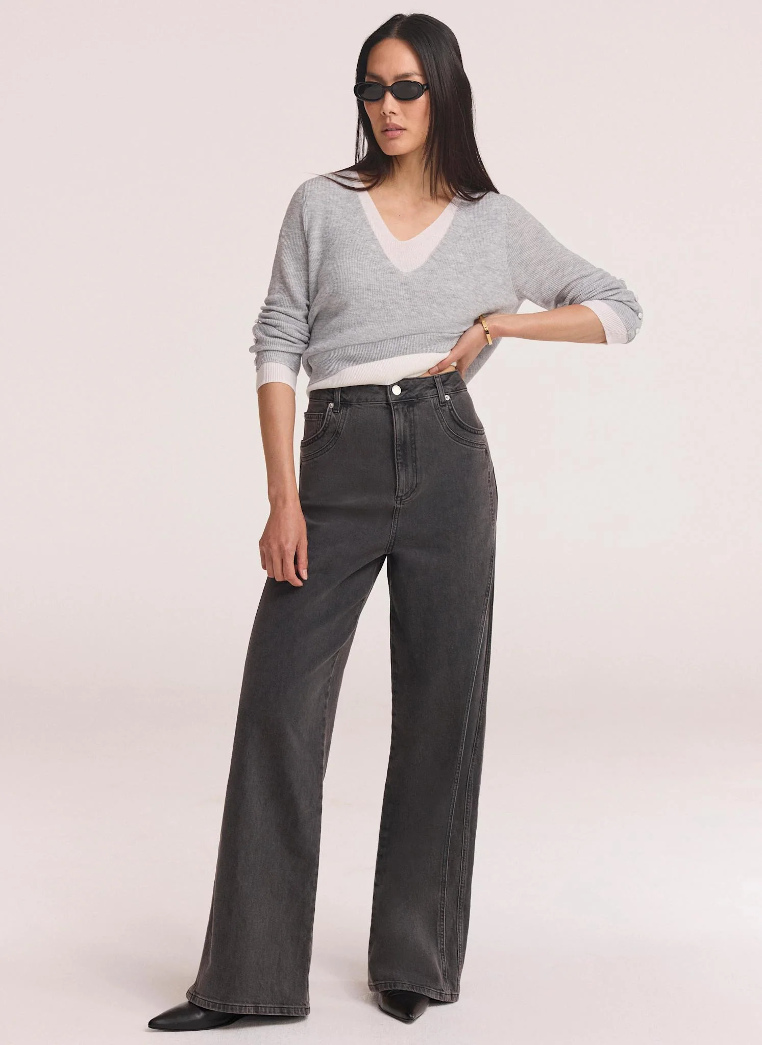 Grey Seam Detail Wide Jeans - Image 4