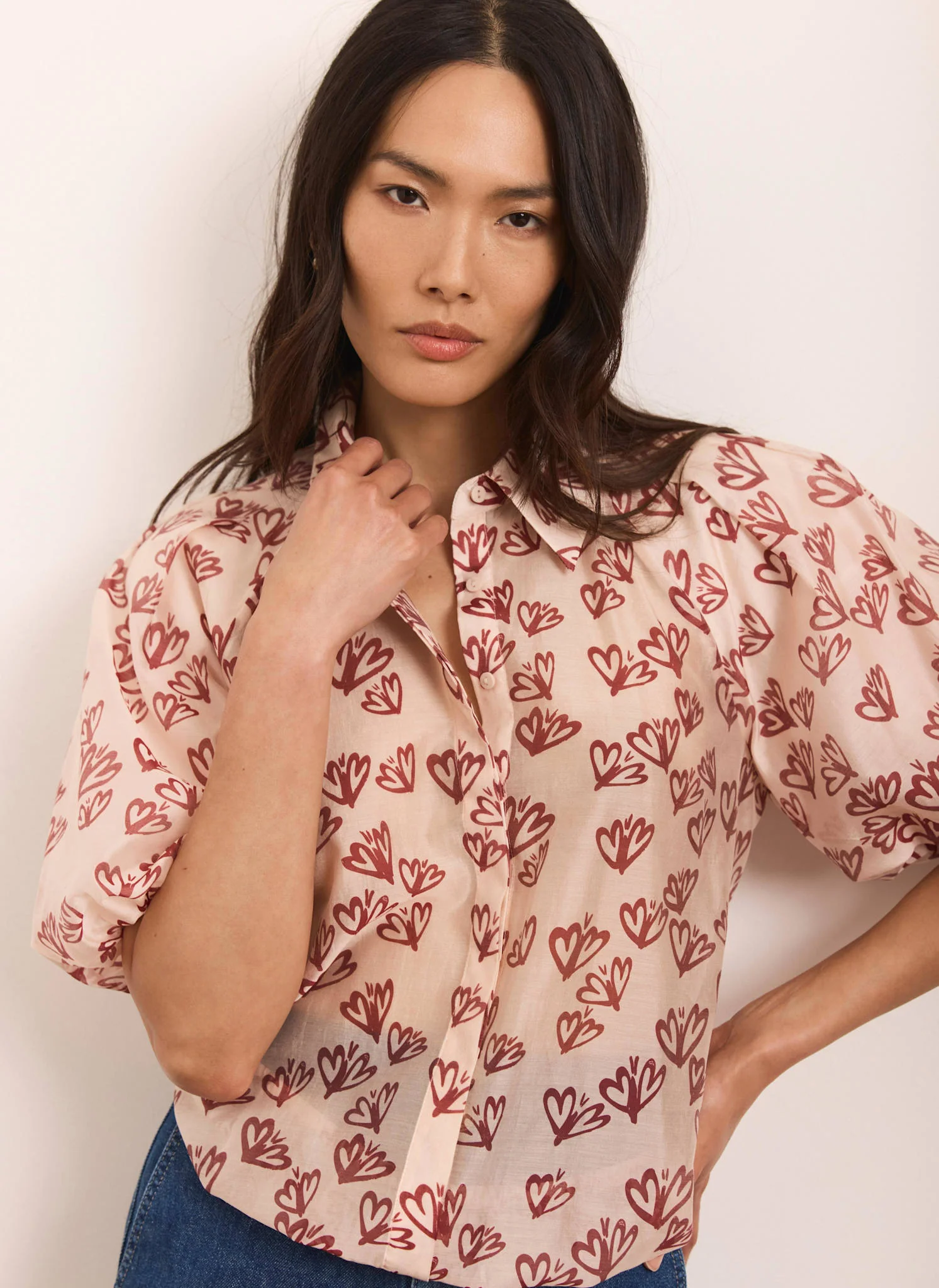 Pink Heart Print Puff Sleeve Shirt - Image 2