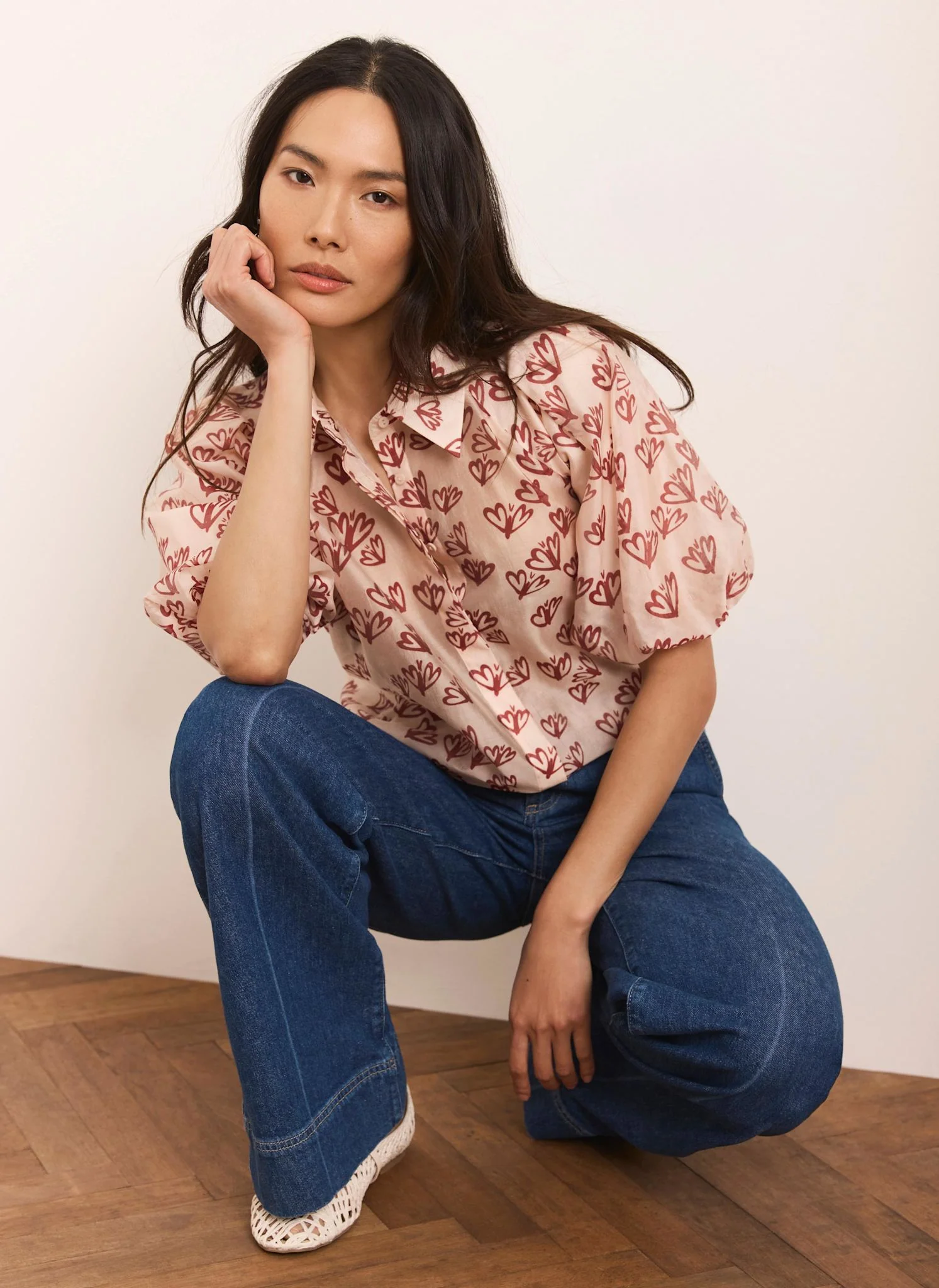 Pink Heart Print Puff Sleeve Shirt - Image 3