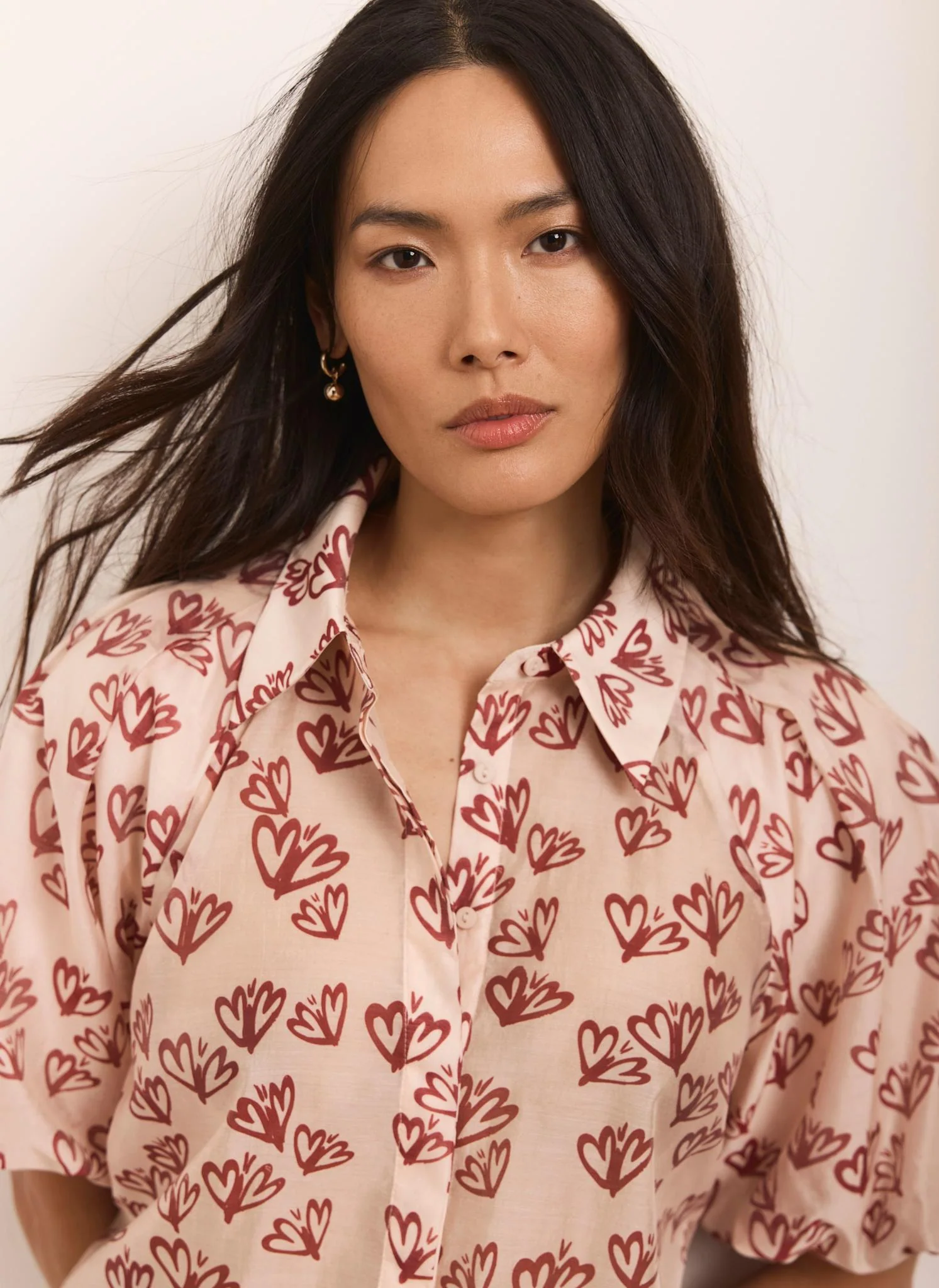 Pink Heart Print Puff Sleeve Shirt - Image 4