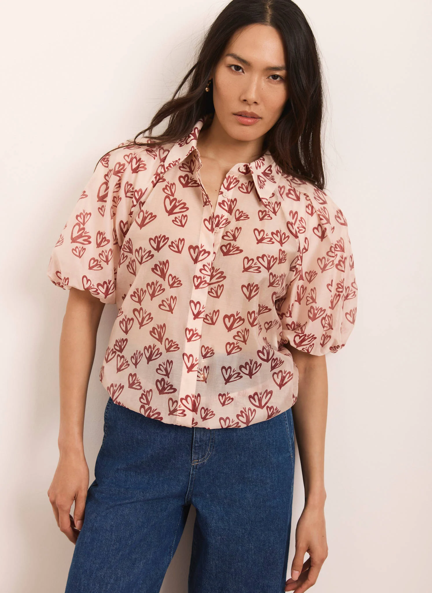 Pink Heart Print Puff Sleeve Shirt - Image 5