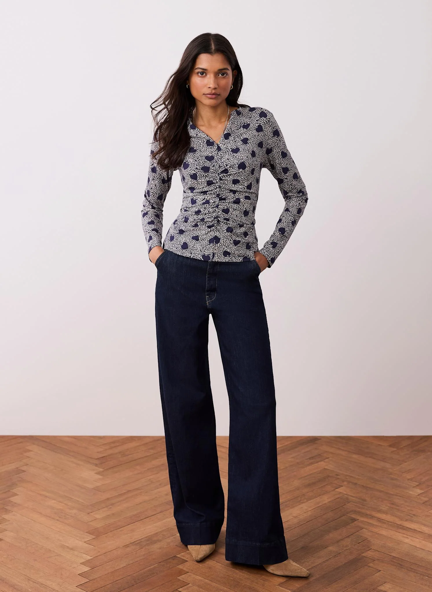 Navy Heart Print Zip Detail Top - Image 3