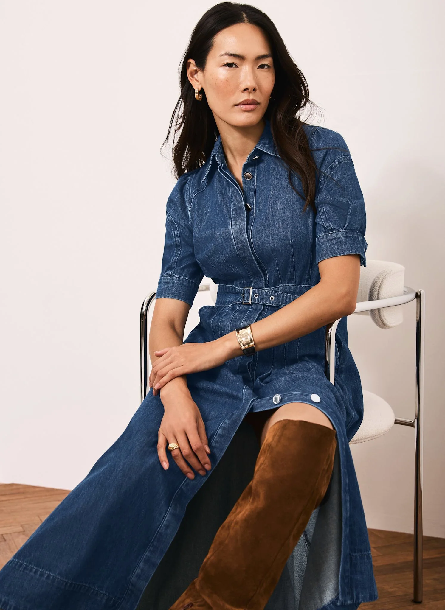 Indigo Denim Belted Midi Shirt Dress - Image 3
