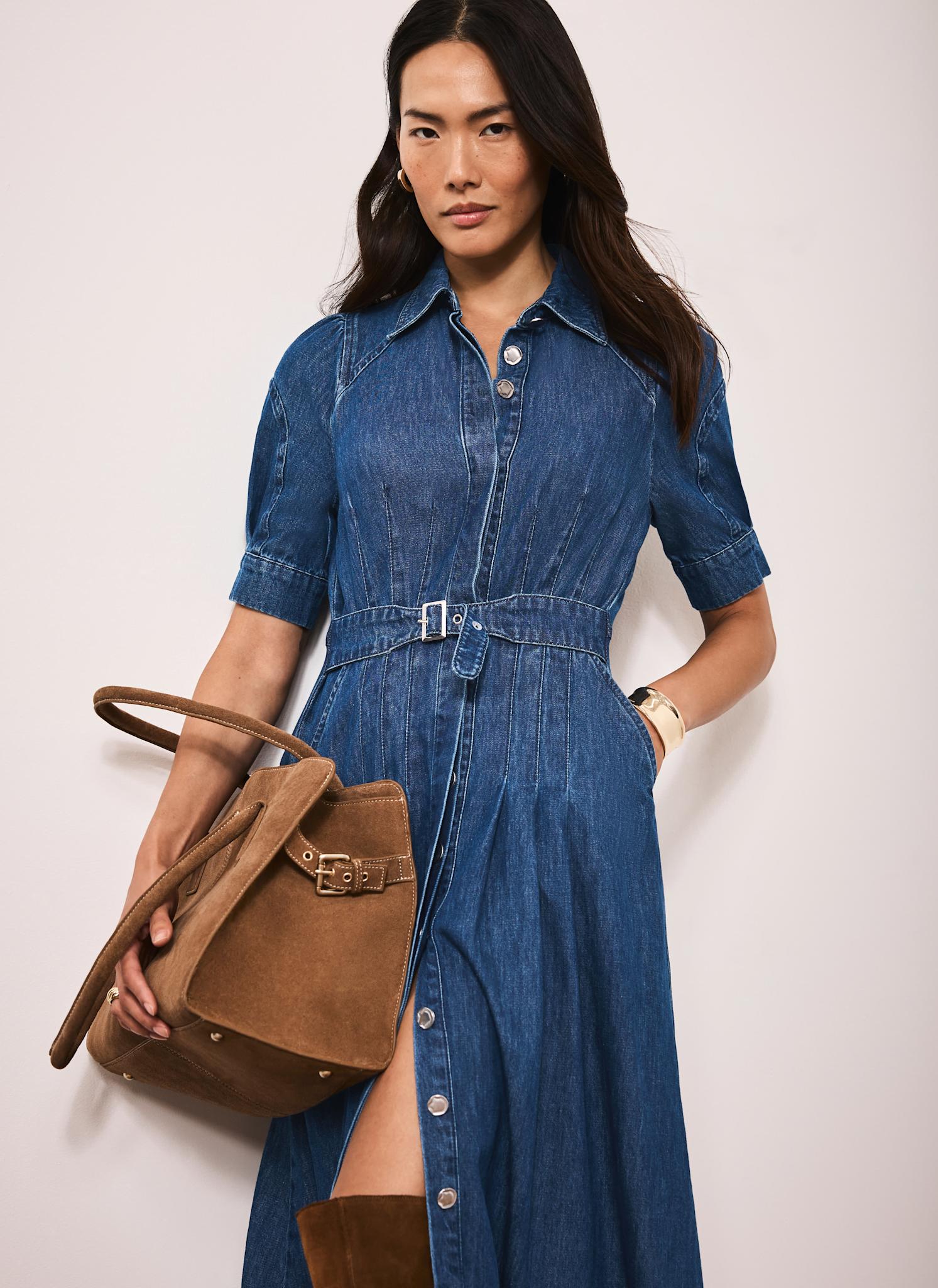 Indigo Denim Belted Midi Shirt Dress - Image 4