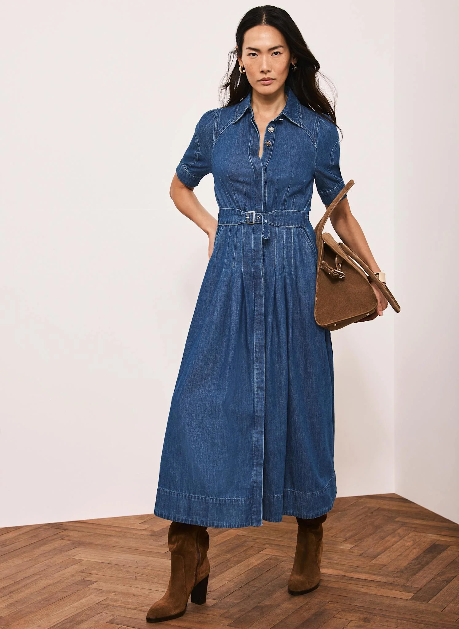 Indigo Denim Belted Midi Shirt Dress - Image 5