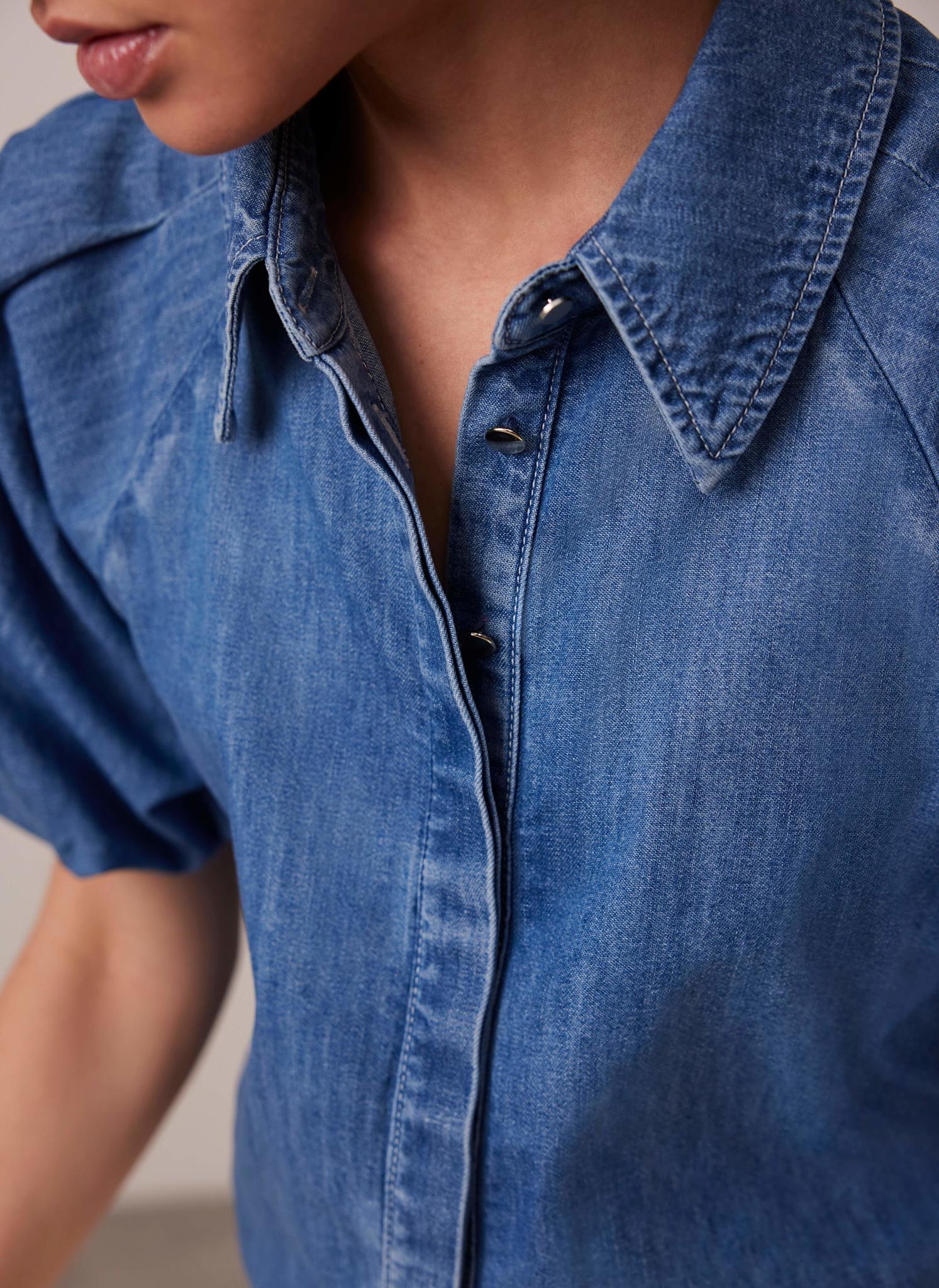 Indigo Denim Puff Sleeve Shirt - Image 4