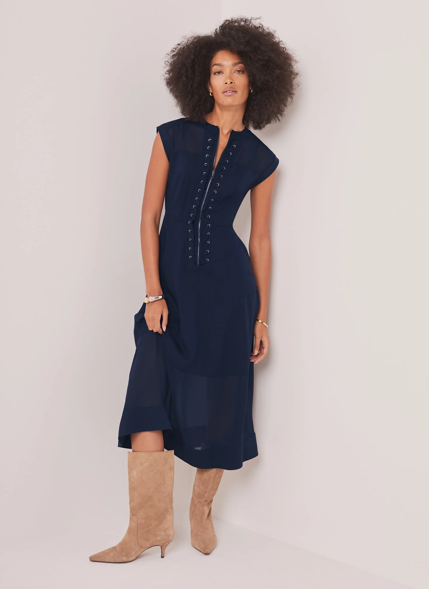 Navy Utility Eyelet Detail Midi Dress