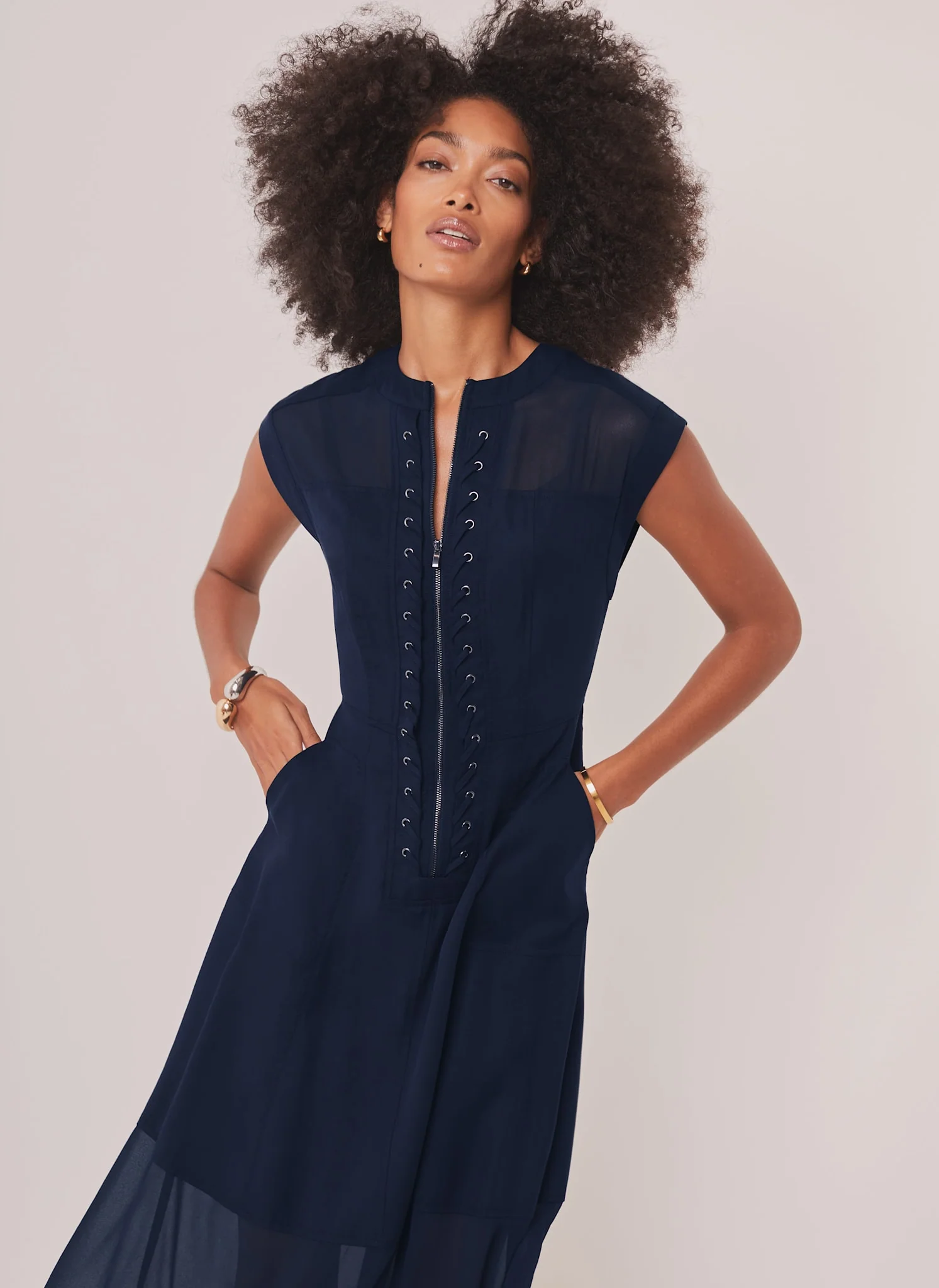 Navy Utility Eyelet Detail Midi Dress - Image 5