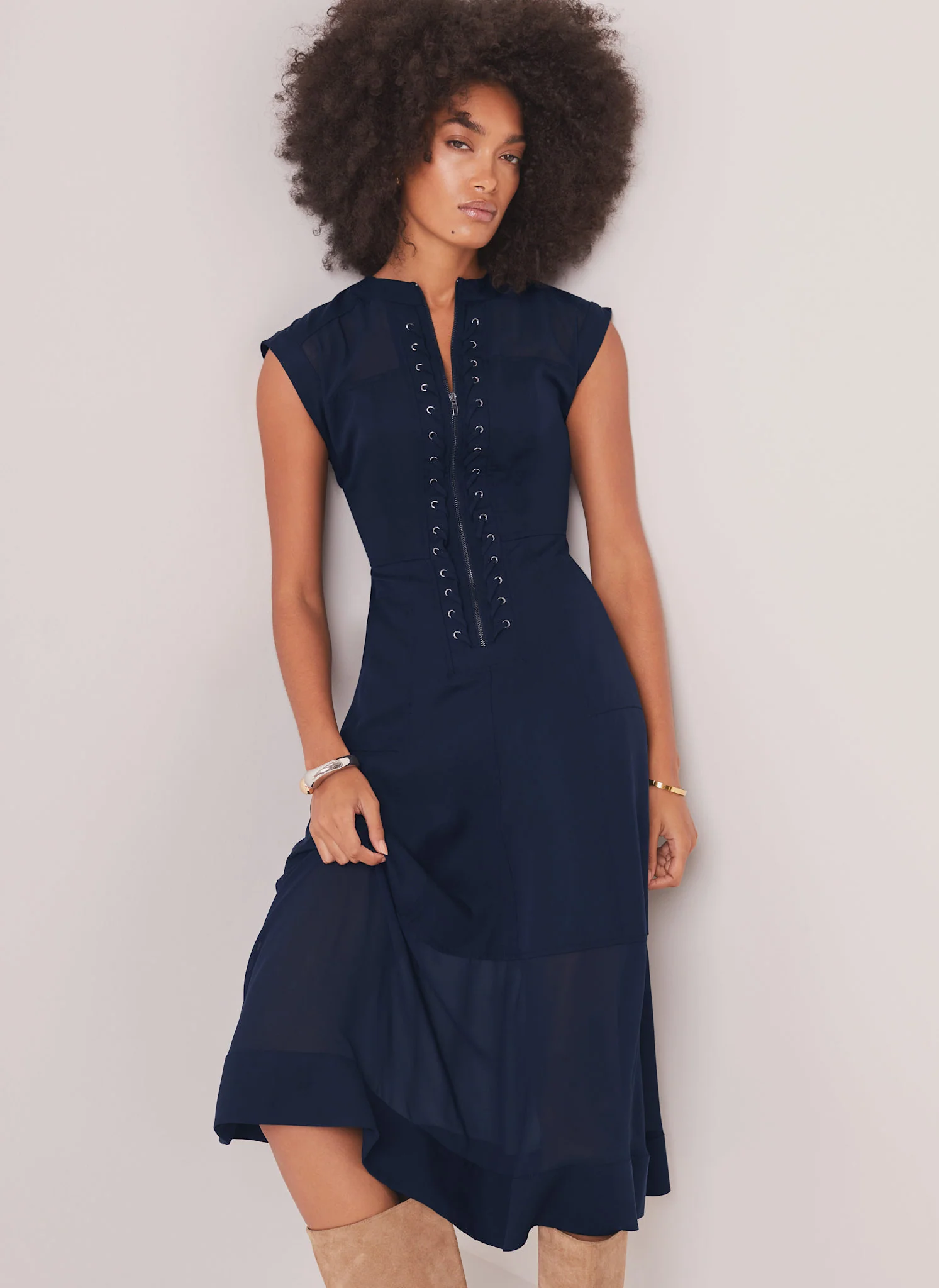 Navy Utility Eyelet Detail Midi Dress - Image 6