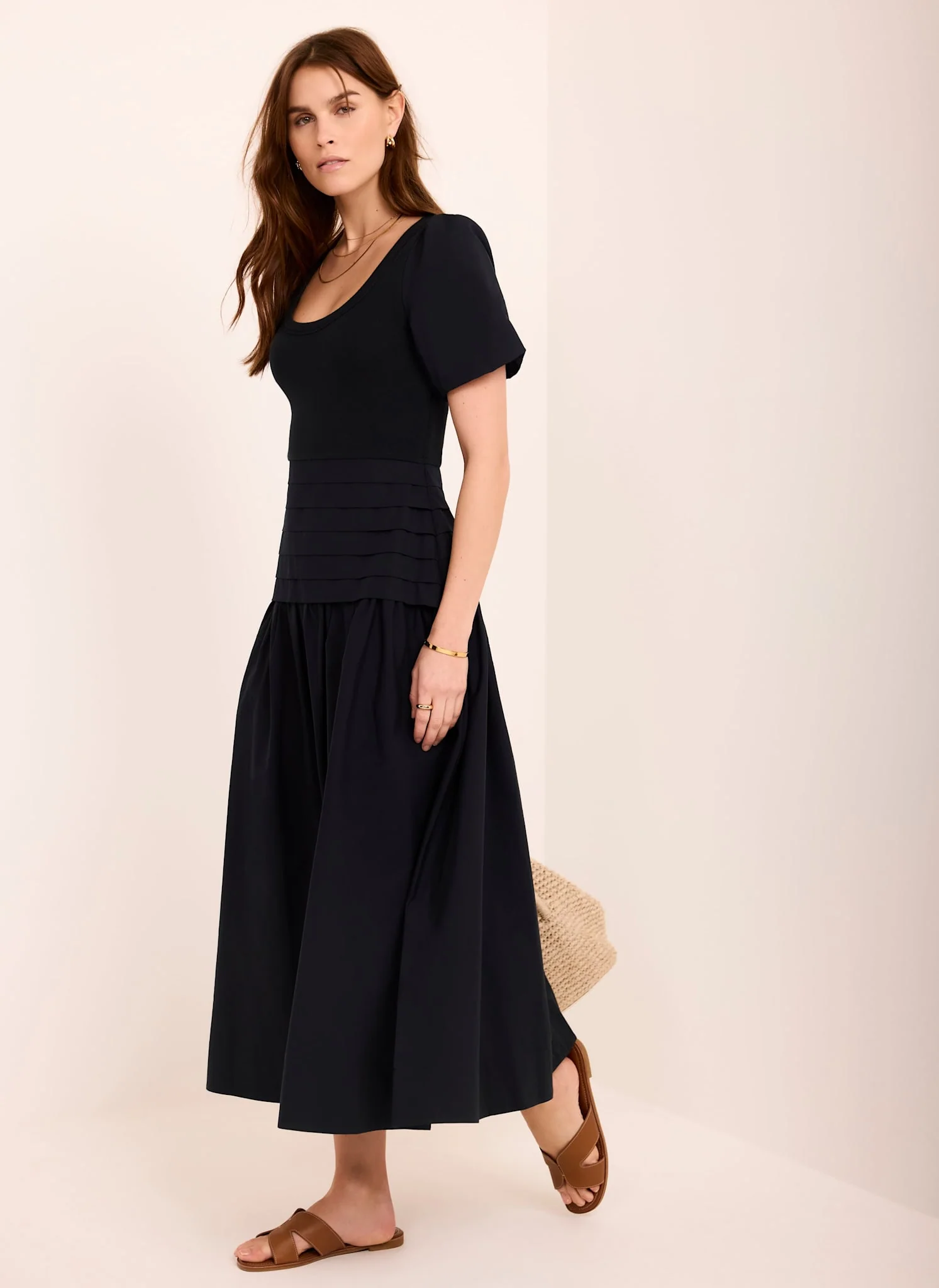 Navy Cotton Blend Midi Dress - Image 3
