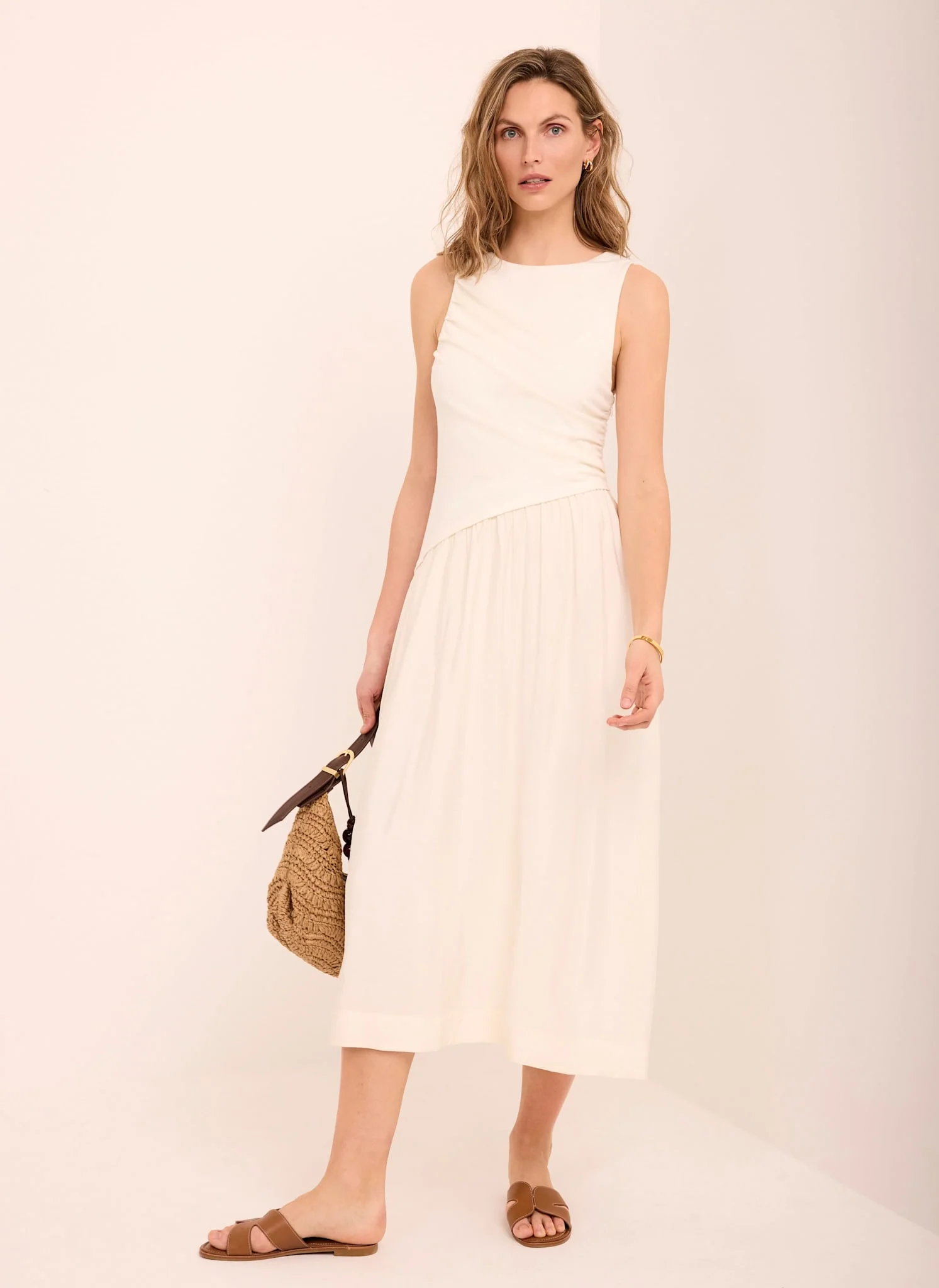 Cream Asymmetric Waist Midi Dress - Image 2