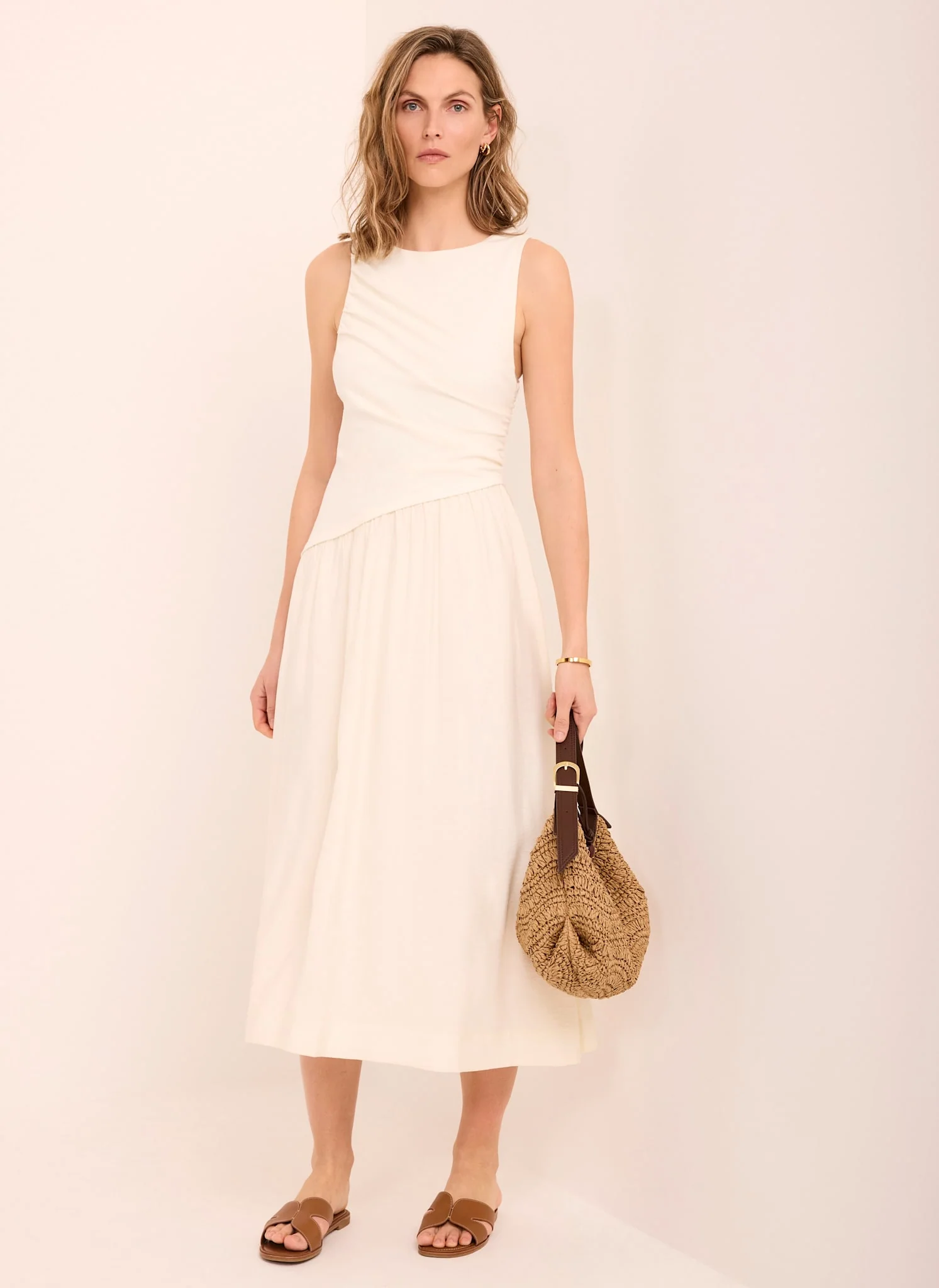 Cream Asymmetric Waist Midi Dress - Image 4