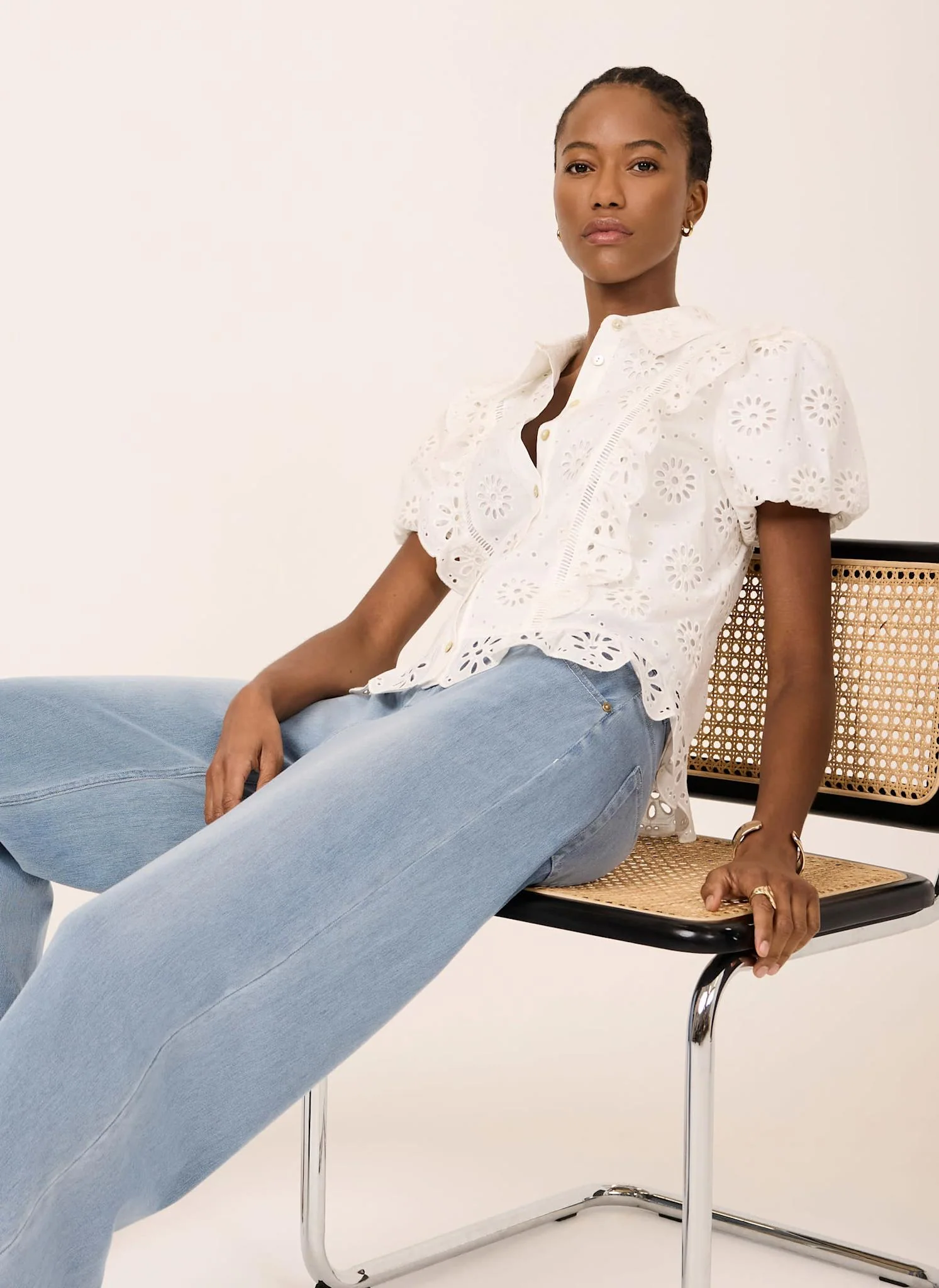 White Cotton Broderie Detail Shirt - Image 2