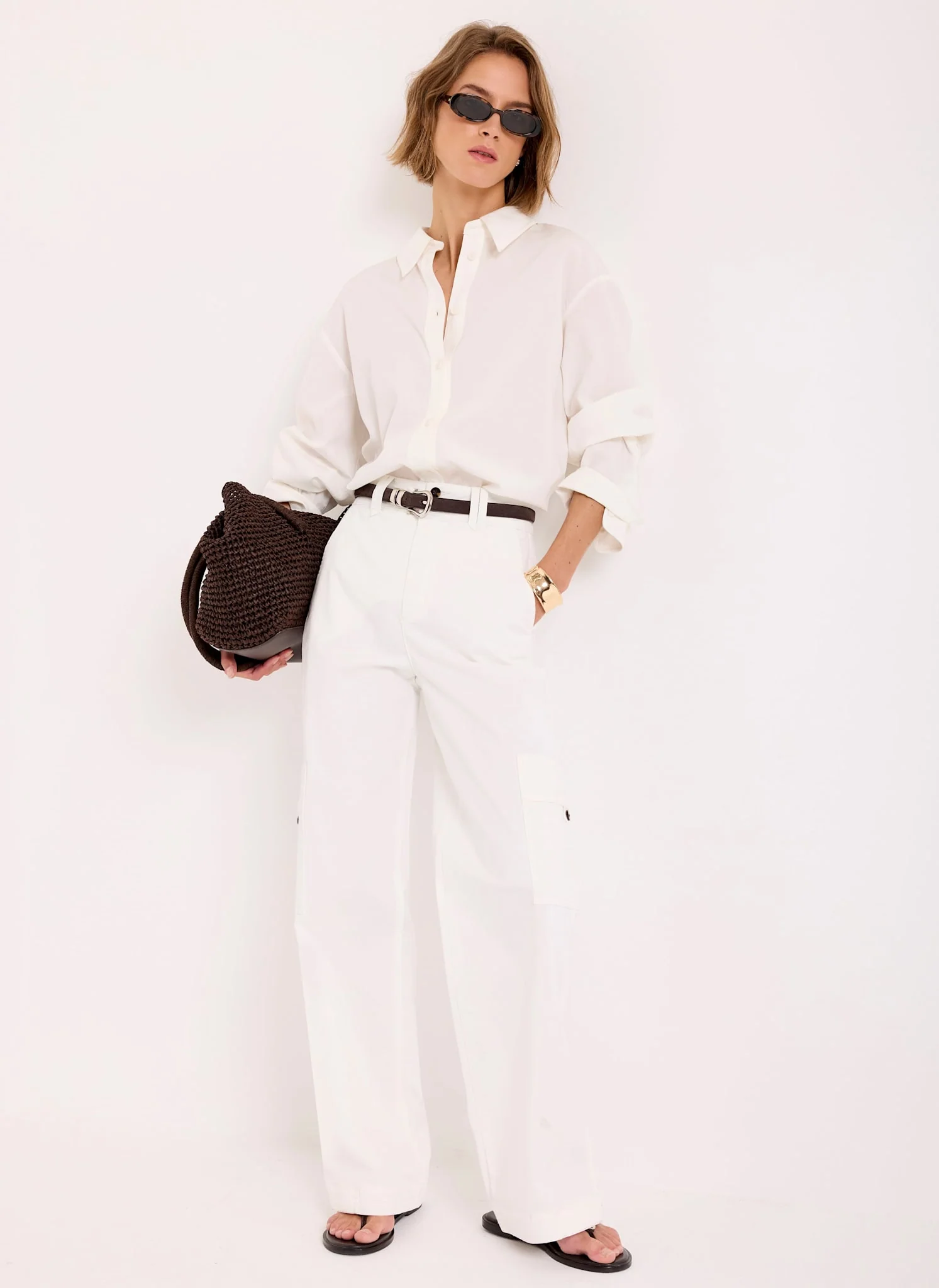 White Utility Chino Wide Leg Trousers - Image 2