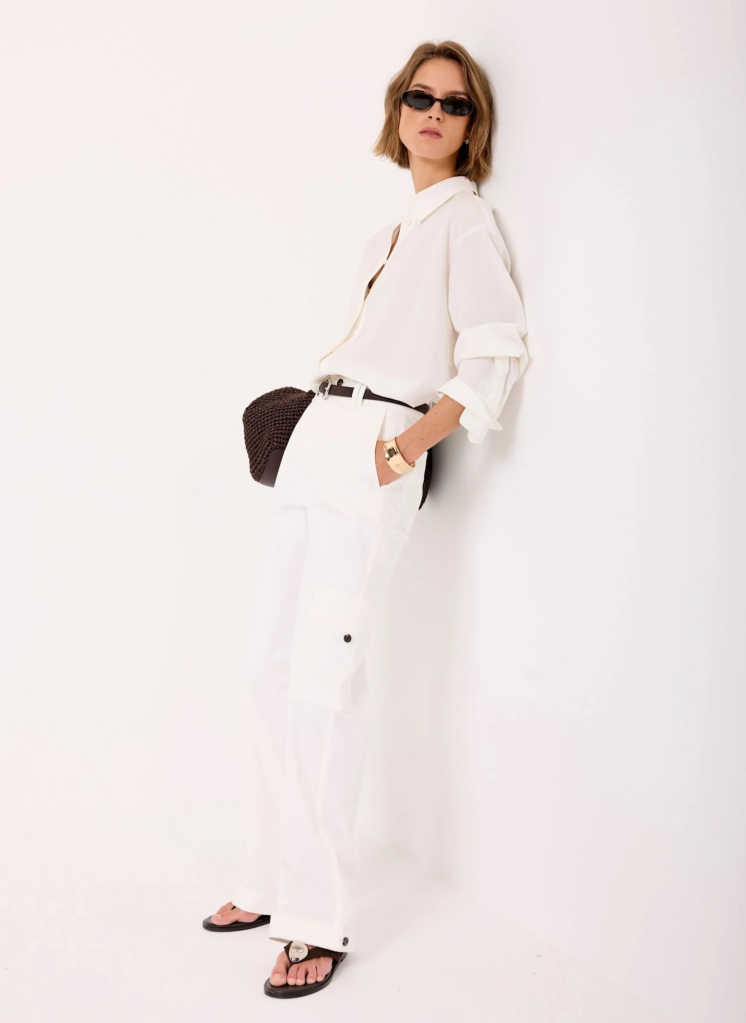 White Utility Chino Wide Leg Trousers - Image 4