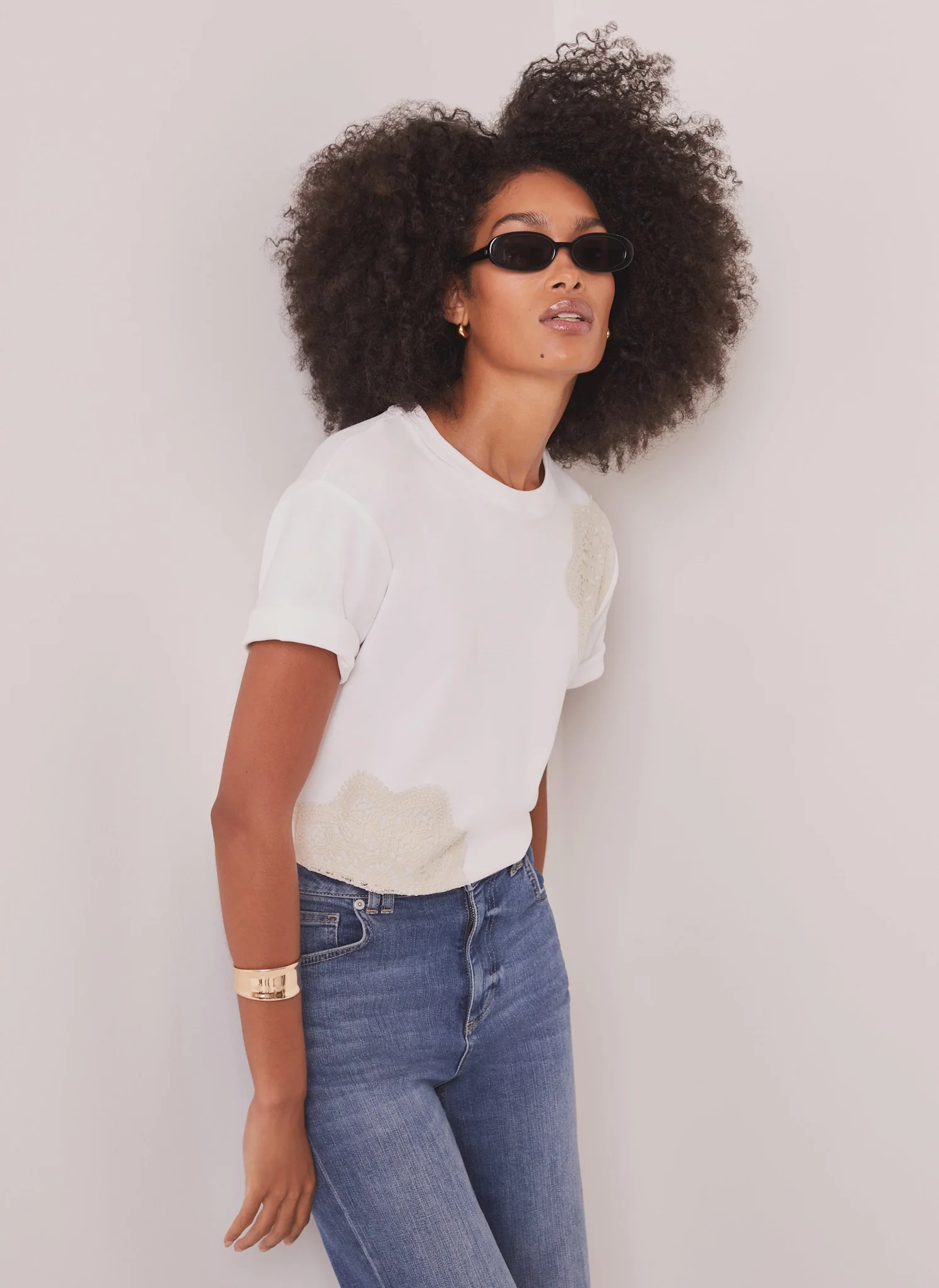 White Cotton Crochet Detail T-Shirt - Image 2