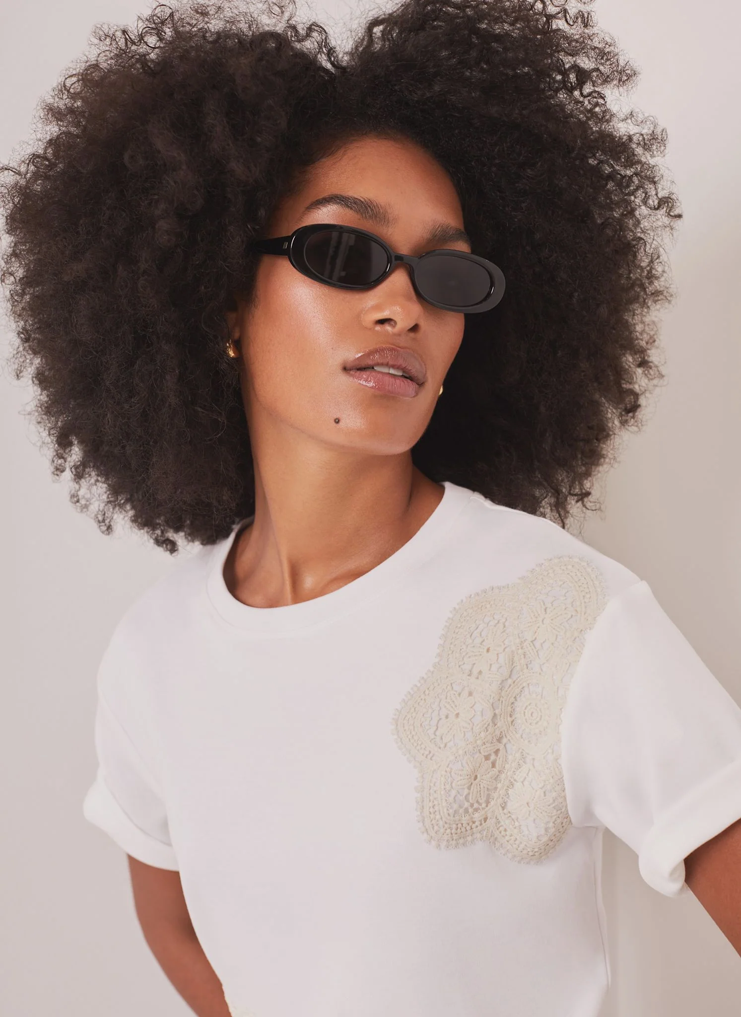 White Cotton Crochet Detail T-Shirt - Image 3