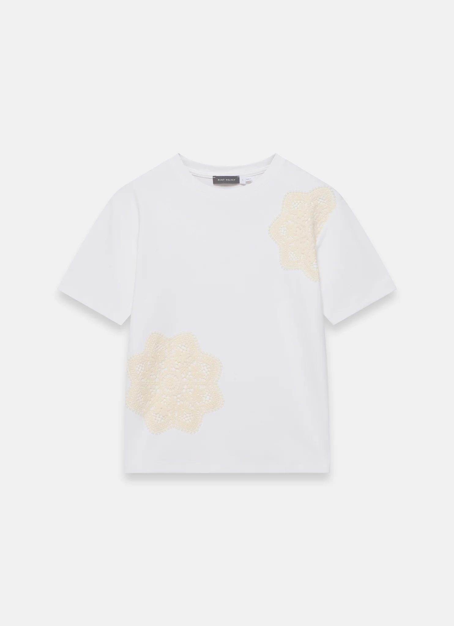 White Cotton Crochet Detail T-Shirt - Image 6
