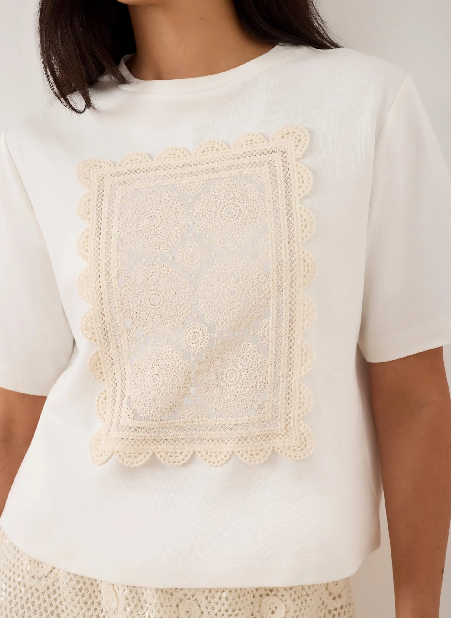 Cream Crochet Panel T-Shirt - Image 4