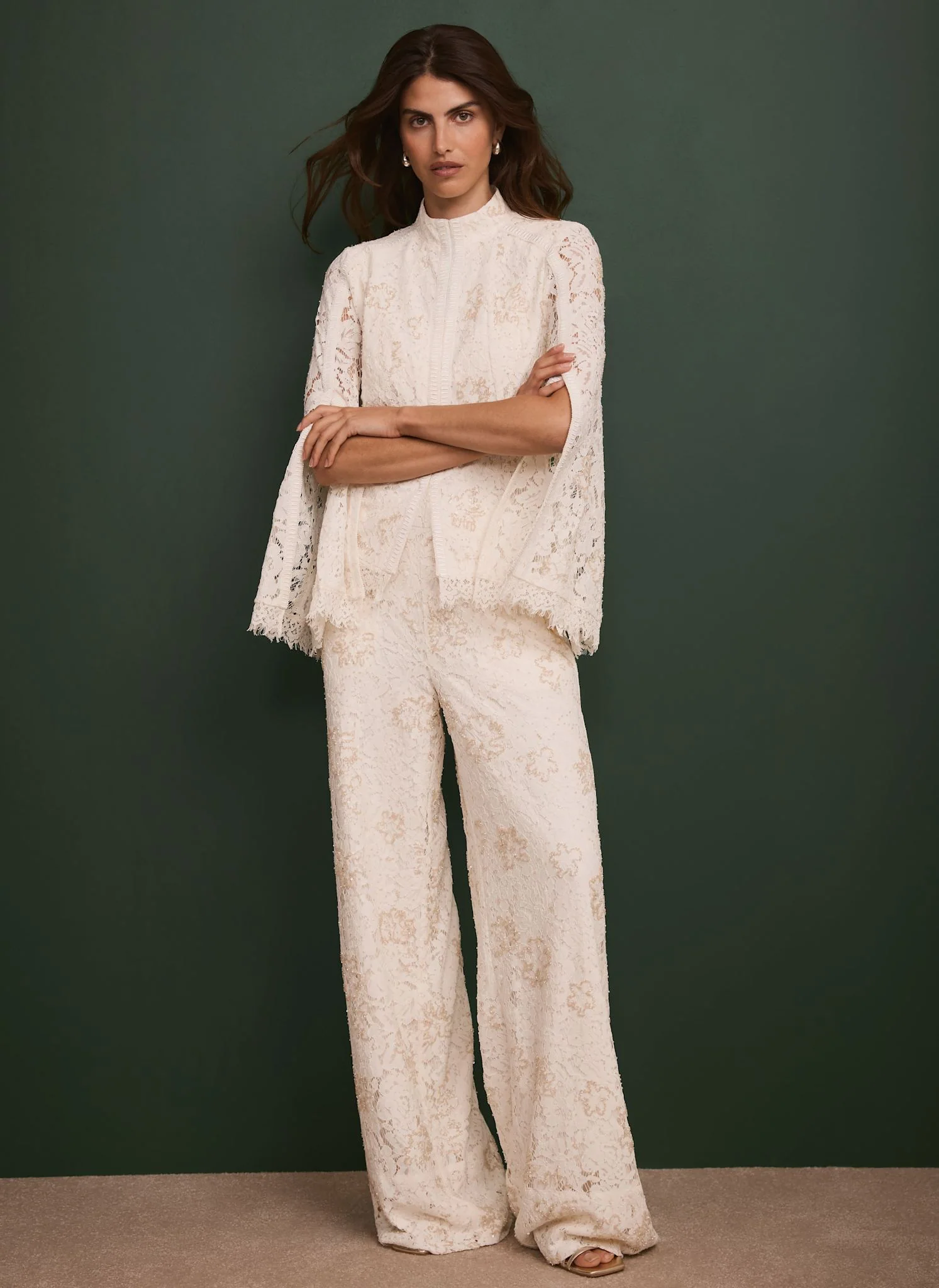 Cream Embellished Lace Wide Trousers - Image 4