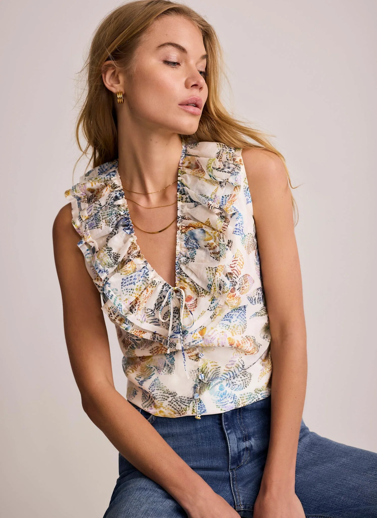 Cream Floral Print Ruffle Top - Image 3