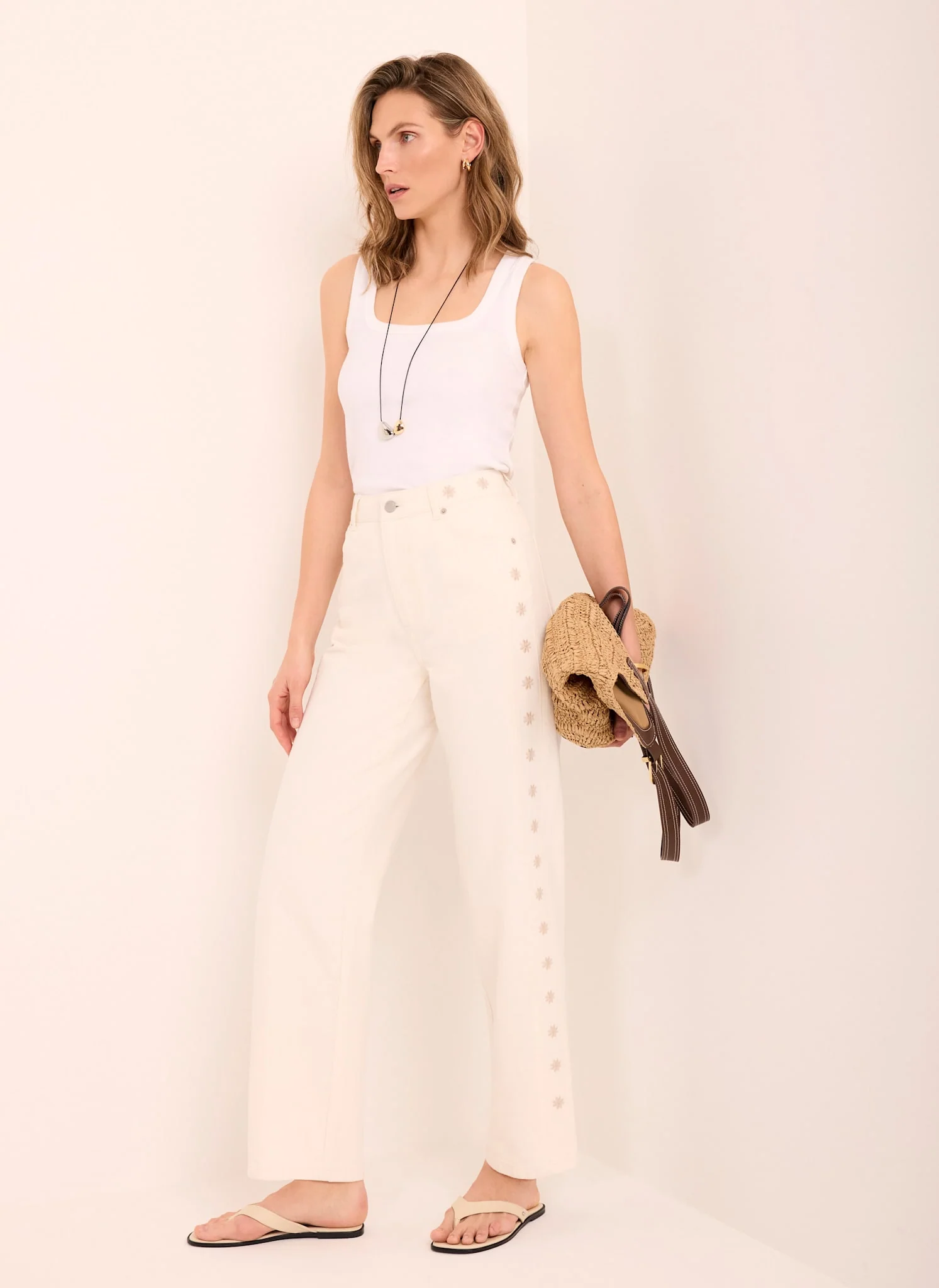 Cream Floral Embroidered Tapered Jeans