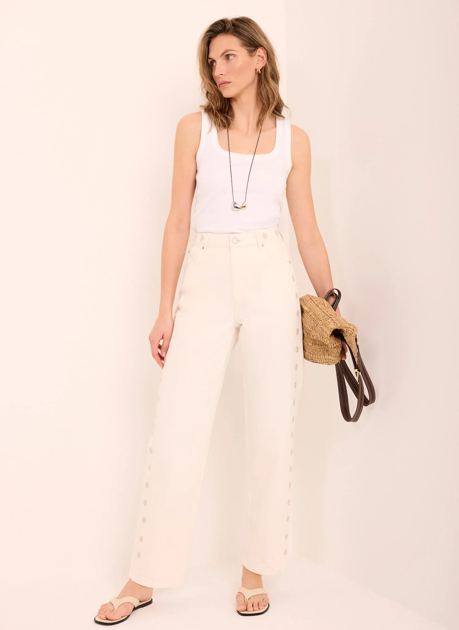 Cream Floral Embroidered Tapered Jeans - Image 4