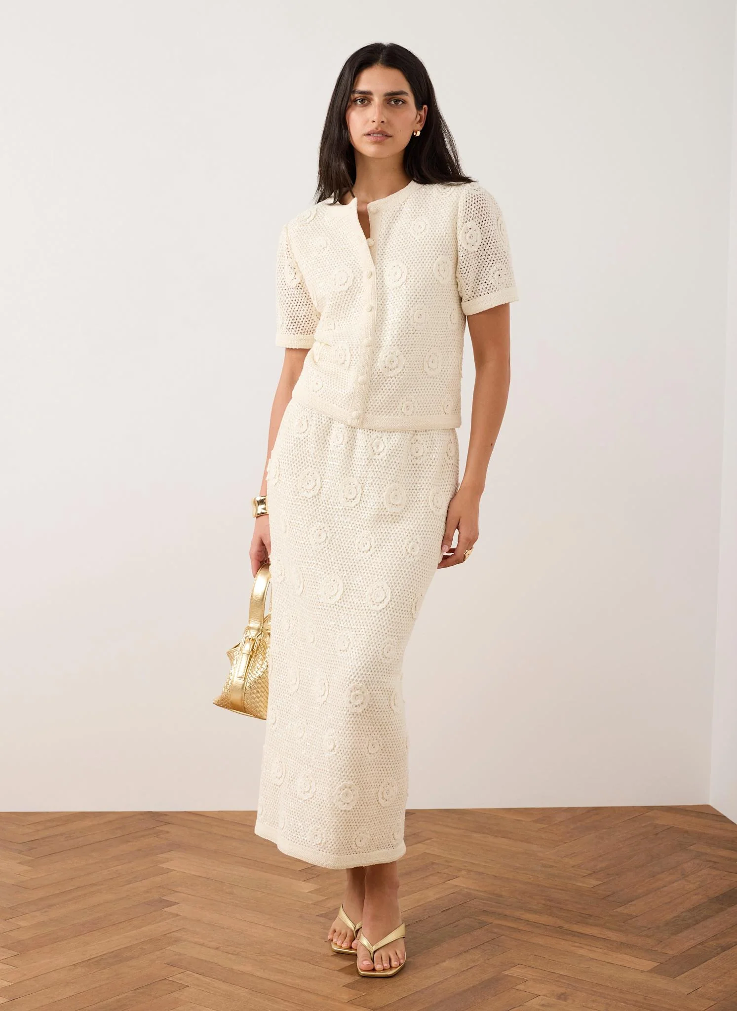 Neutral Sequin Floral Crochet Midi Skirt - Image 2
