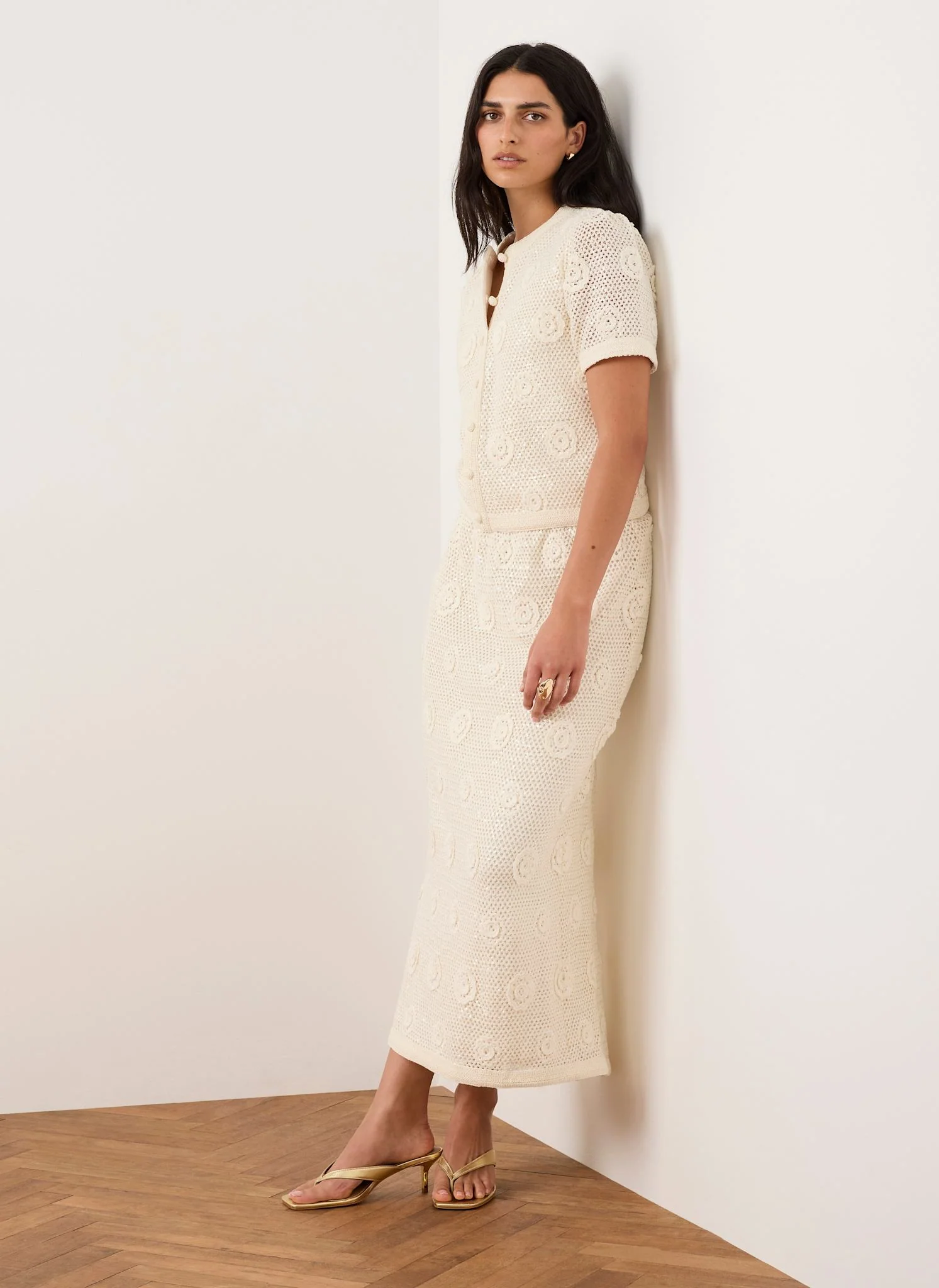 Neutral Sequin Floral Crochet Midi Skirt - Image 5