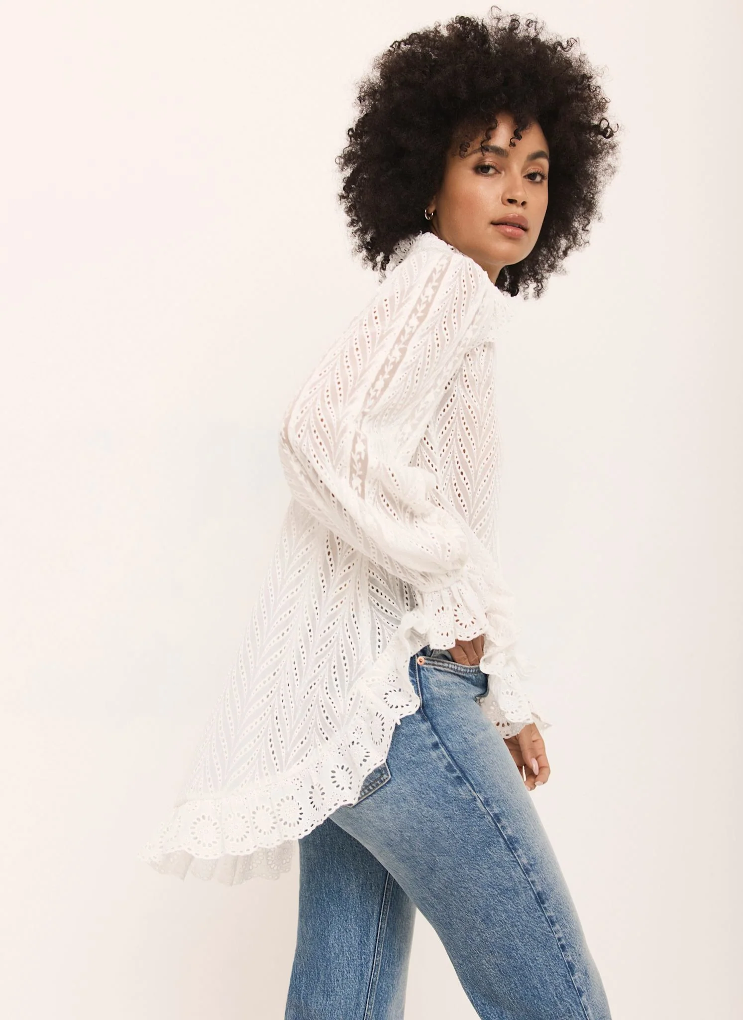 Cream Broderie Trim Longline Blouse - Image 2