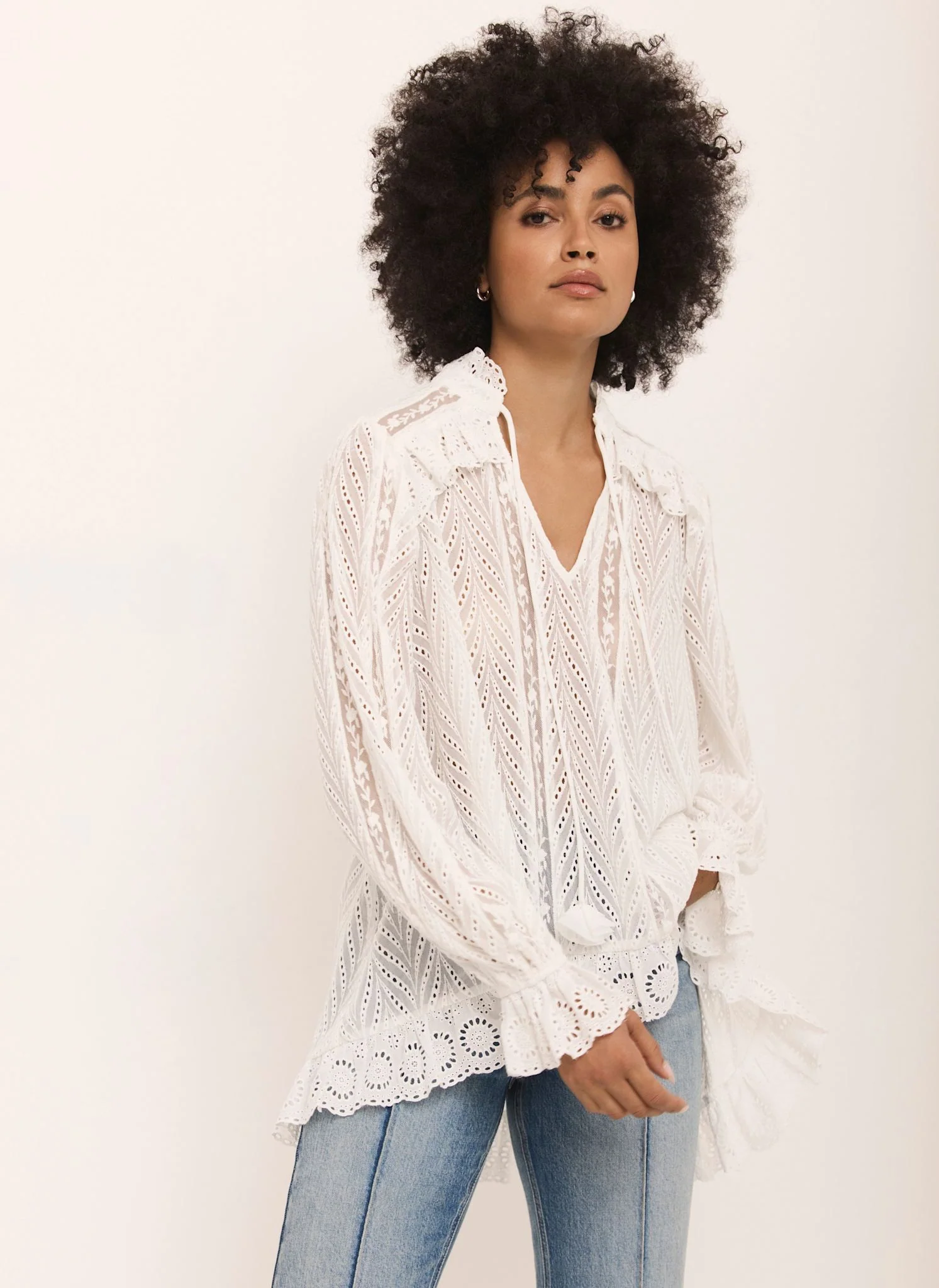 Cream Broderie Trim Longline Blouse - Image 5