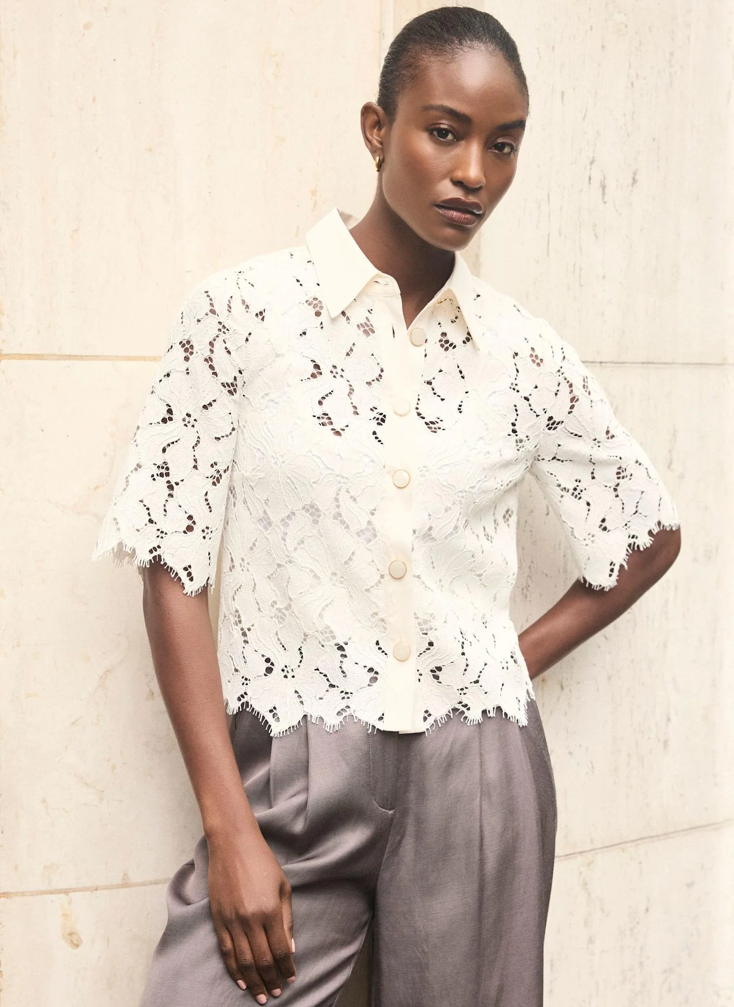 White Lace Short Sleeve Cropped Shirt